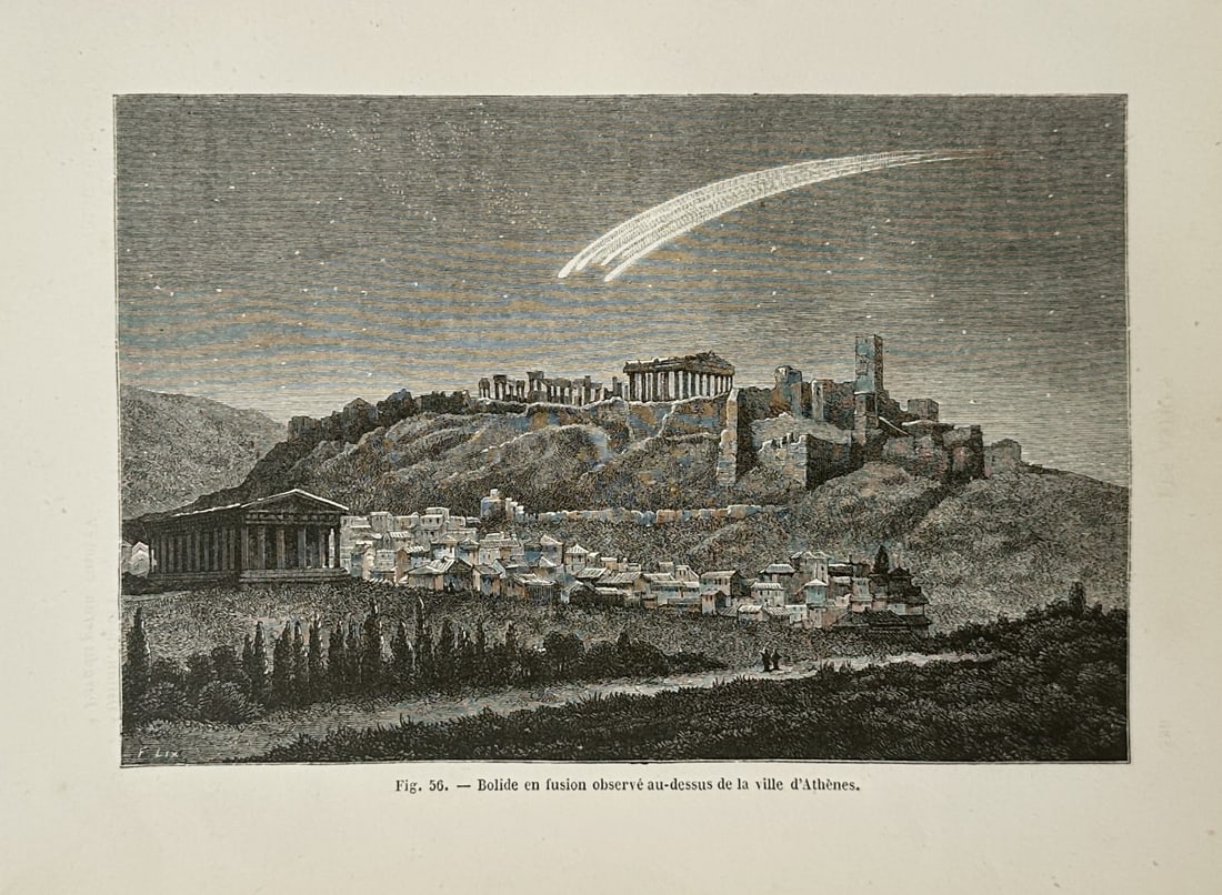 Pierre Faguet – View of the Acropolis of Athens with a Meteor – Hand-coloured wood engraving (1 of 2)