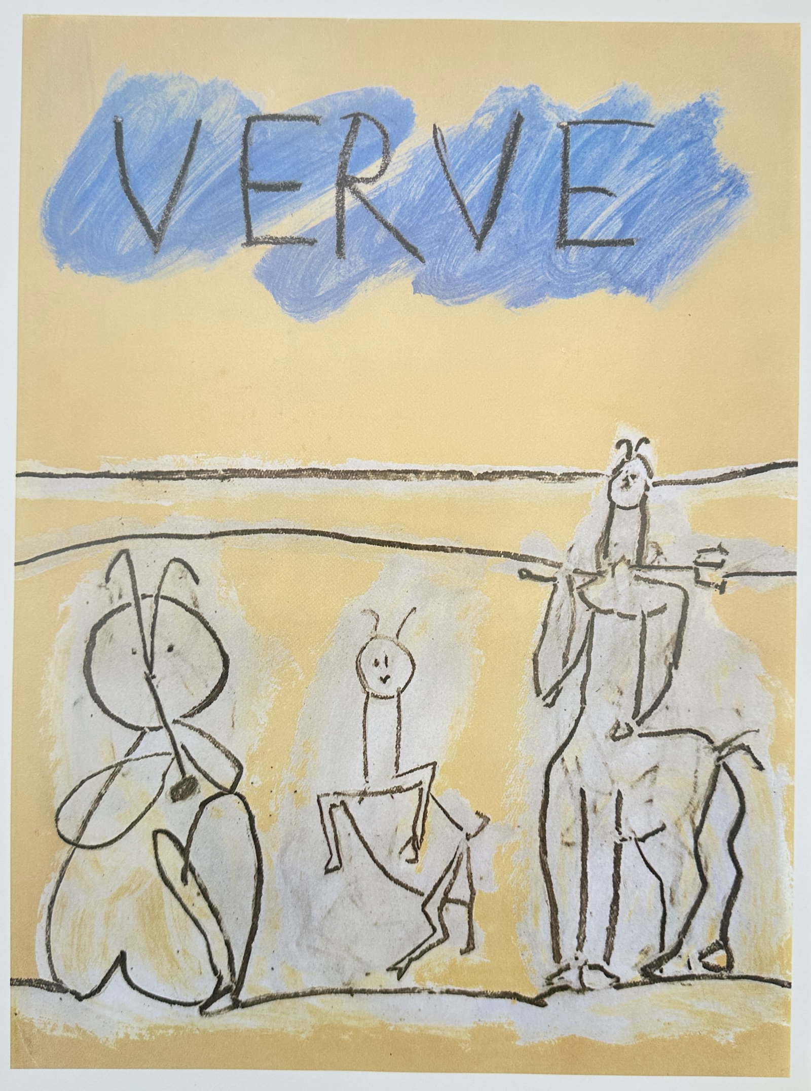 Pablo Picasso, after – Cover Design for Verve Magazine with Centaurs – Offset print (20th: "Verve" This modernist work features a whimsical composition showcasing mythological figures rendered with primitive, gestural black outlines against a warm yellow and tan landscape background. The sc