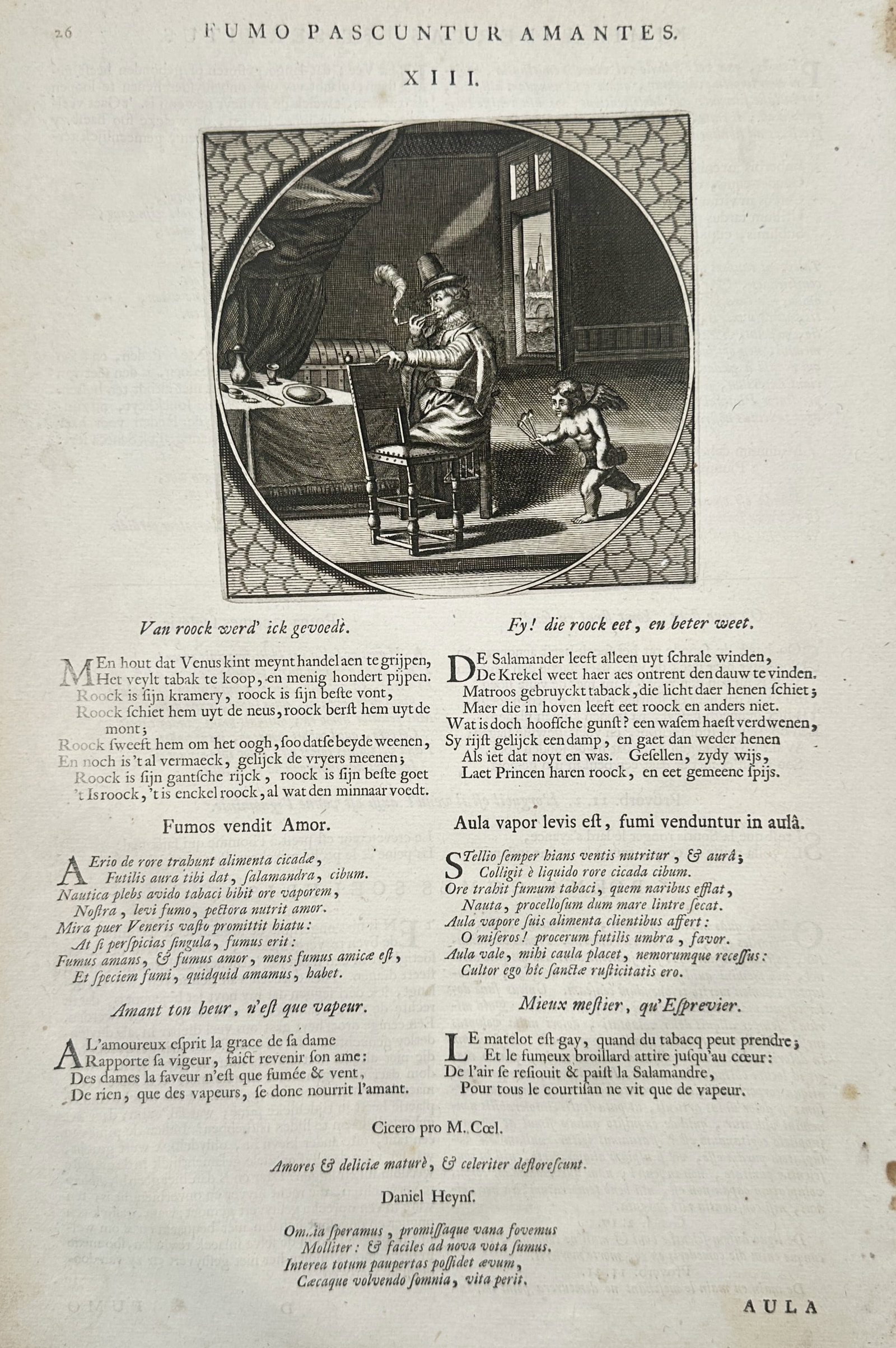 Jacob Cats – Emblematic Study on Love and Smoke – Engraving (Late Seventeenth Century): Fumo Pascuntur Amantes. This emblematic work features a detailed composition showcasing a domestic interior within a circular frame where a seated man is smoking a pipe, sending a plume of smoke into 