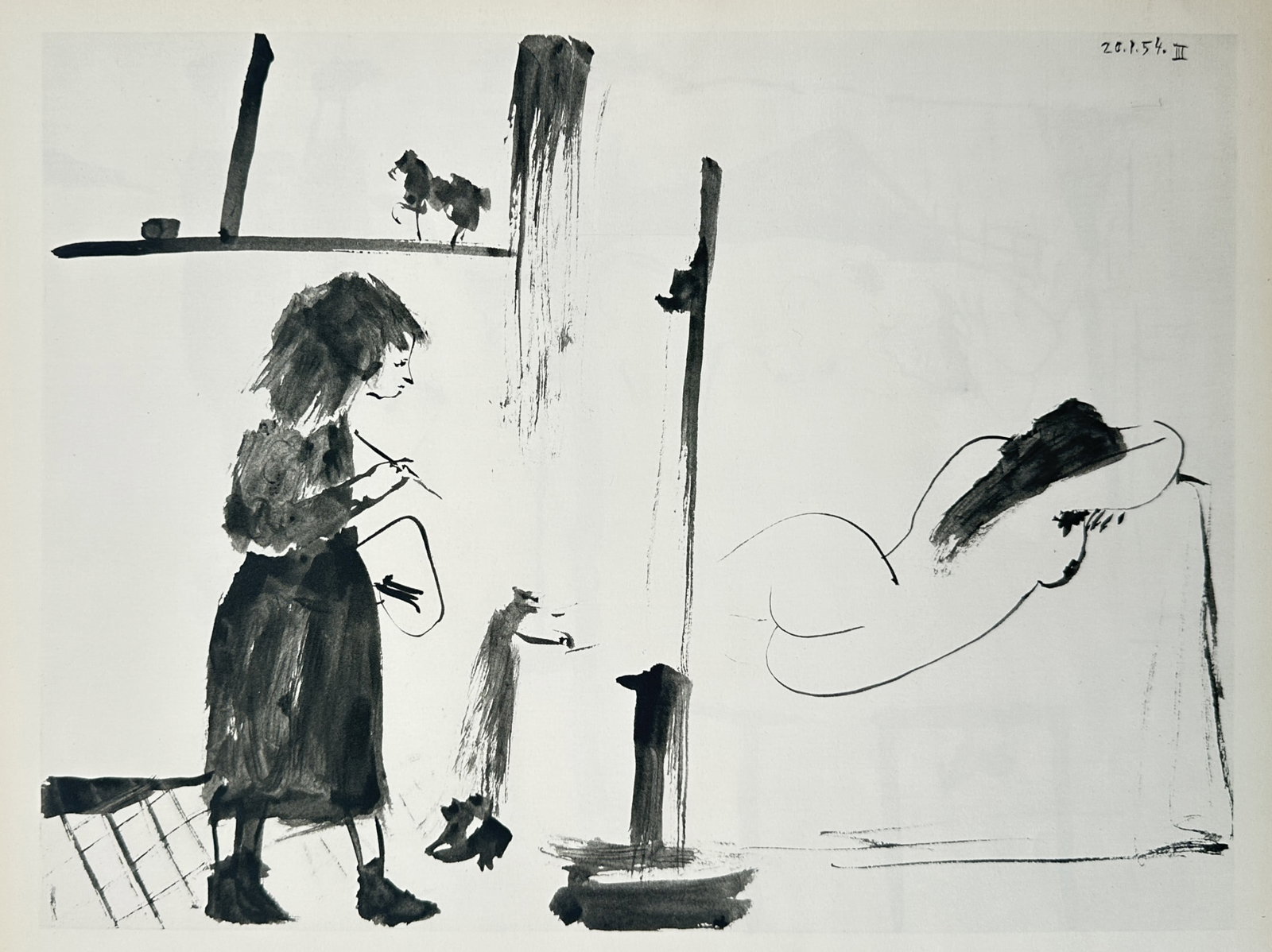 Pablo Picasso, after – Painter and Model – Offset print (20th Century): "Le Peintre et son Modele" This work captures a stark, expressive monochrome artist studio scene executed with dynamic black ink brushstrokes and fluid outlines. The composition centers on a standing 