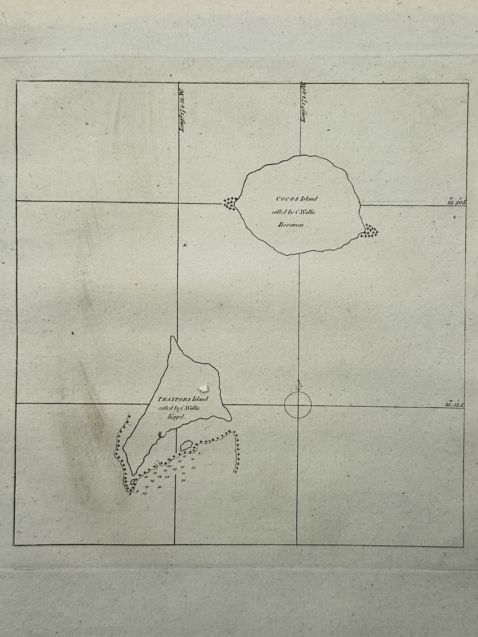 John Hawkesworth – Map of Coco's Island and Traitors Island – Engraving (18th Century): "Coco's Island / Traitors Island" This work features an early hydrographic chart illustrating two Pacific islands, documenting the coastal outlines and surrounding reefs of Coco's Island (Boscawen) an