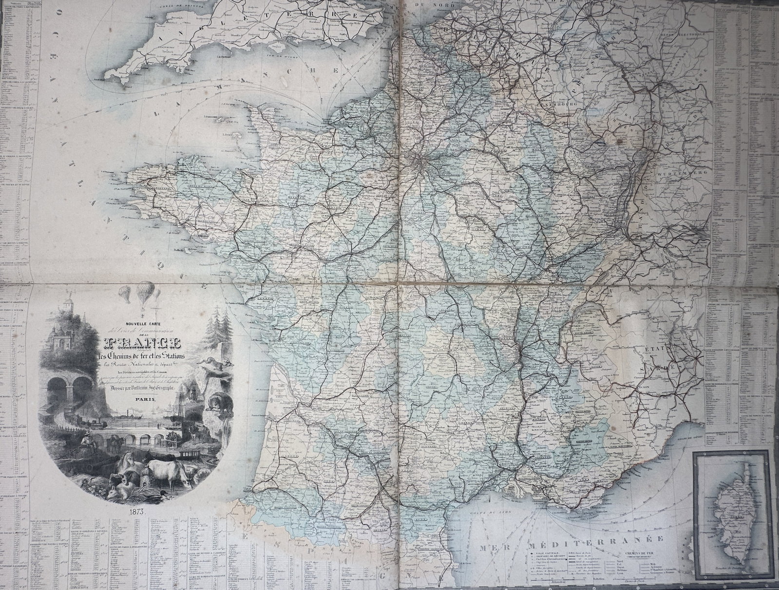 Victor Guillon – Map of France – France – Lithograph with Hand-Colouring (1875): "Nouvelle Carte Routiere, Commerciale et Administrative de la France" This work features a comprehensive folding map of France outlining the national transit infrastructure, including railway networks