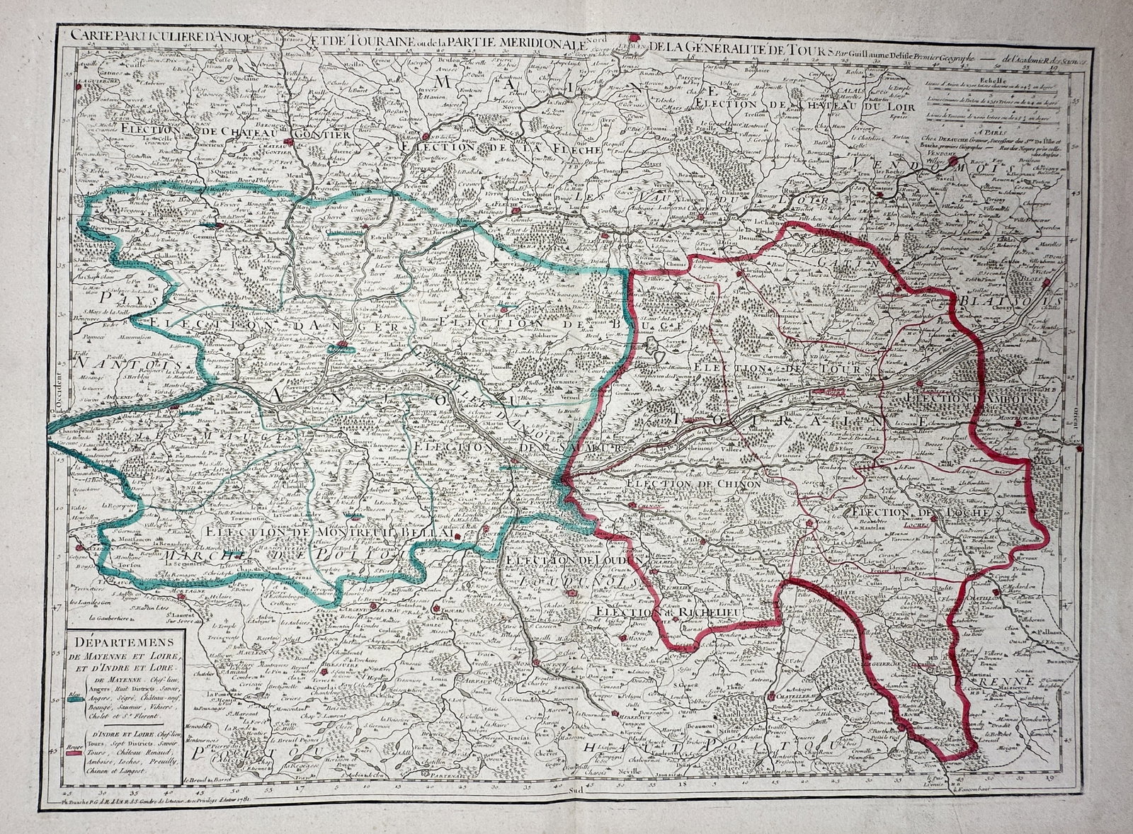 Guillaume Delisle – Map of Anjou and Touraine – France – Engraving with Hand-Colouring (1 of 2)