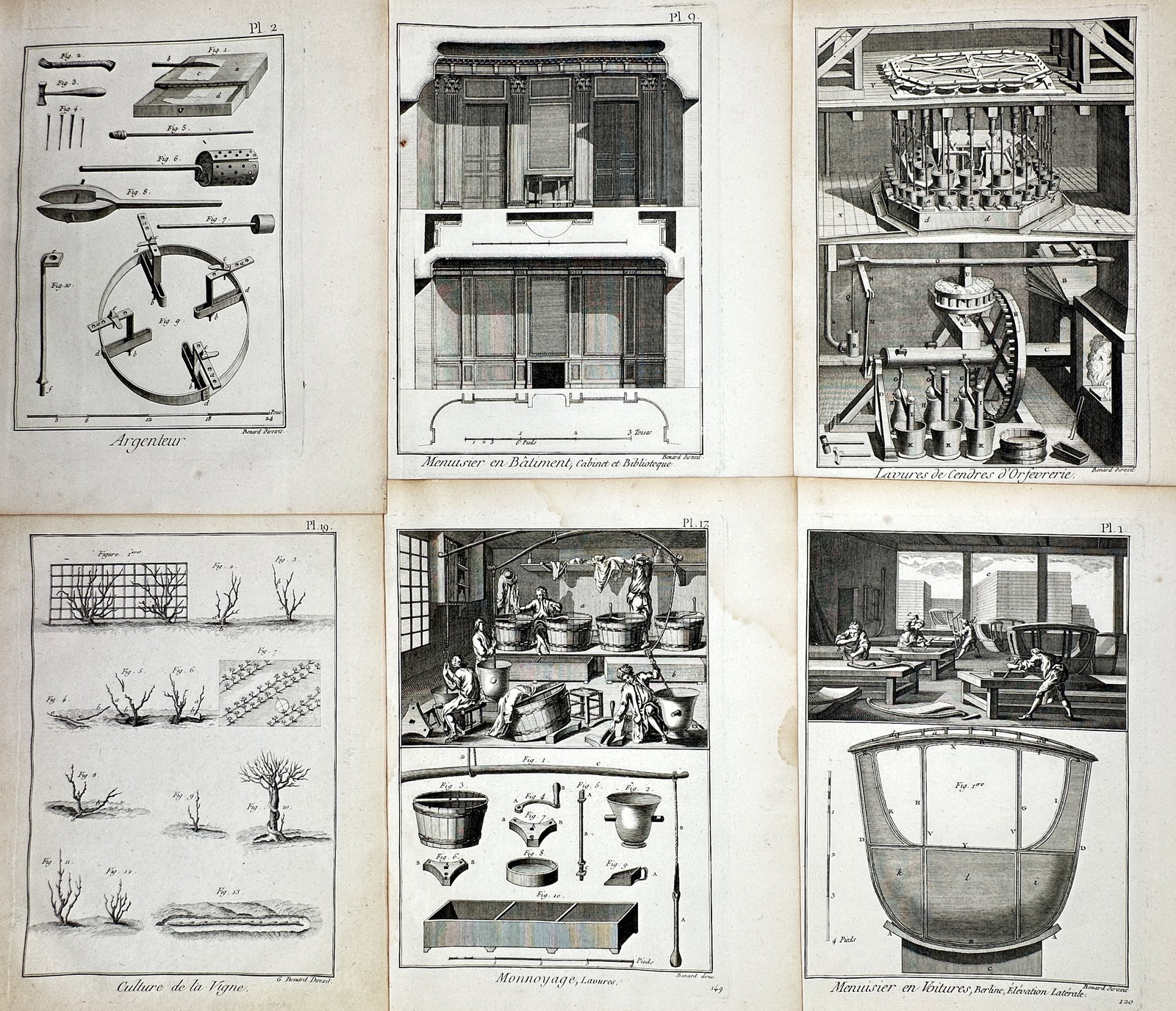 Robert Bénard – Set of 6: Domestic Arts, Architecture & Agriculture (Viticulture, Silversmithing) (1 of 2)