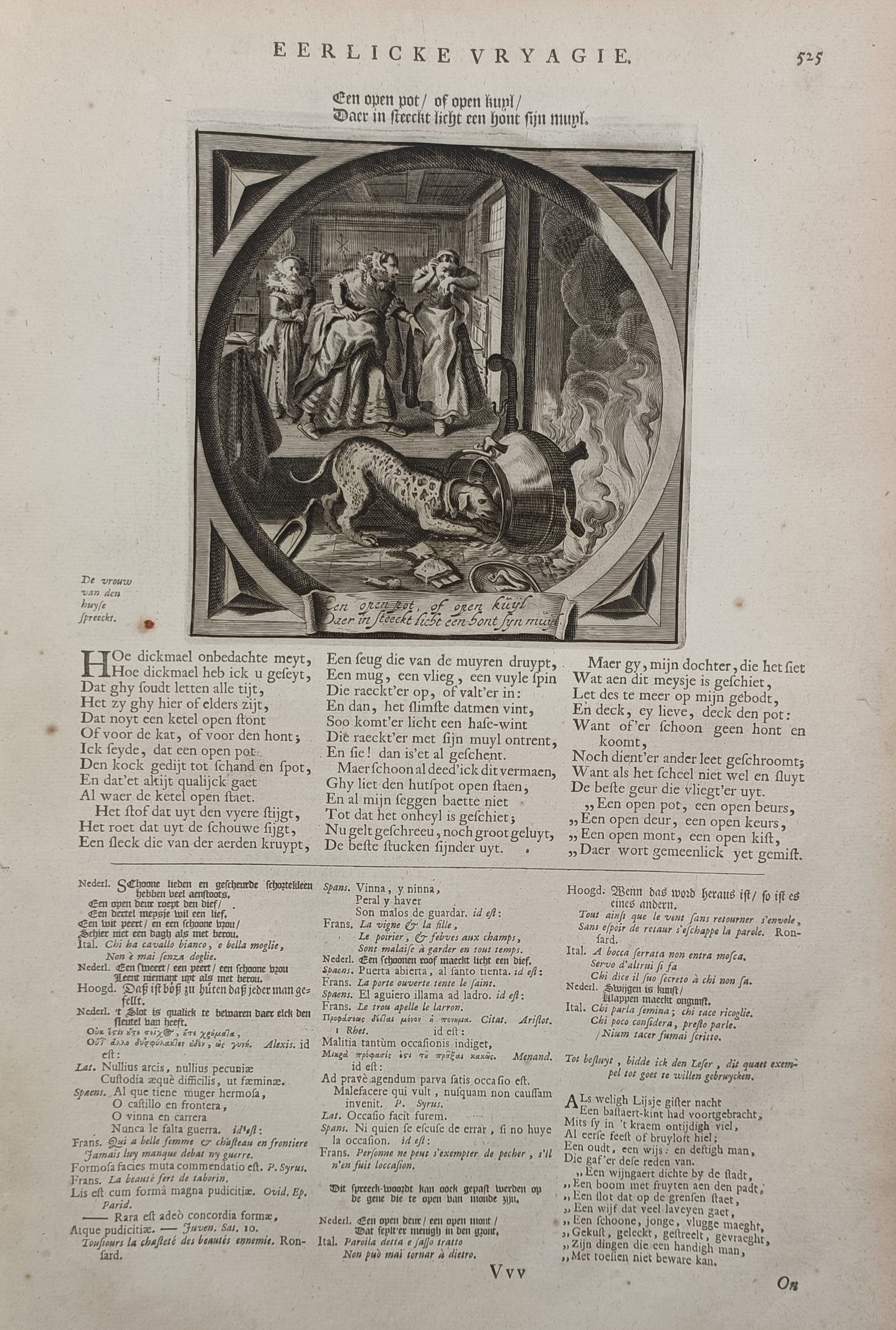 Jacob Cats (1577–1660) – Allegory of Virtue and Domestic Vigilance – Engraving (17th Century): "Eerlicke Vryagie." This engraving depicts a domestic scene in a kitchen where a dog is seen emerging from a pot, serving as a visual metaphor for the dangers of negligence and the importance of house