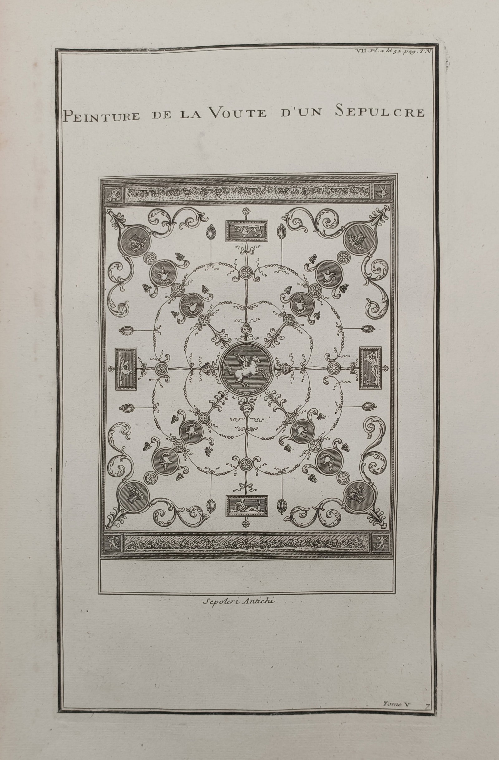 Bernard de Montfaucon (1655–1741) – Painting of an Ancient Sepulchral Vault – Engraving (1719): "Peinture de la Voute d'un Sepulcre." This engraving provides a precise documentation of the intricate decorative frescoes found within an ancient burial vault, highlighting the complex geometric and 