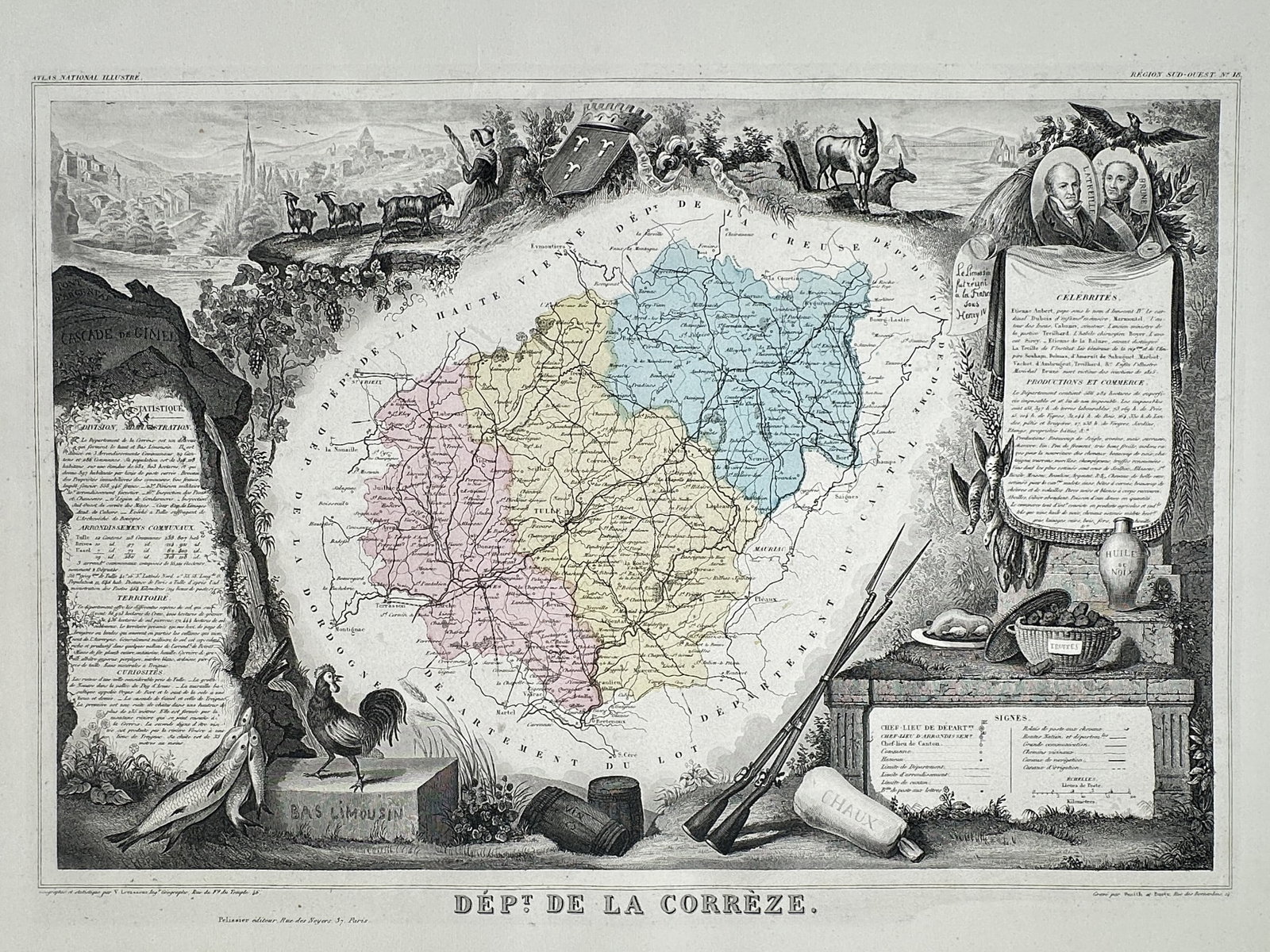 Victor Levasseur – Map of the Department of Corrèze with Allegorical and Geographical Vignettes (1 of 2)