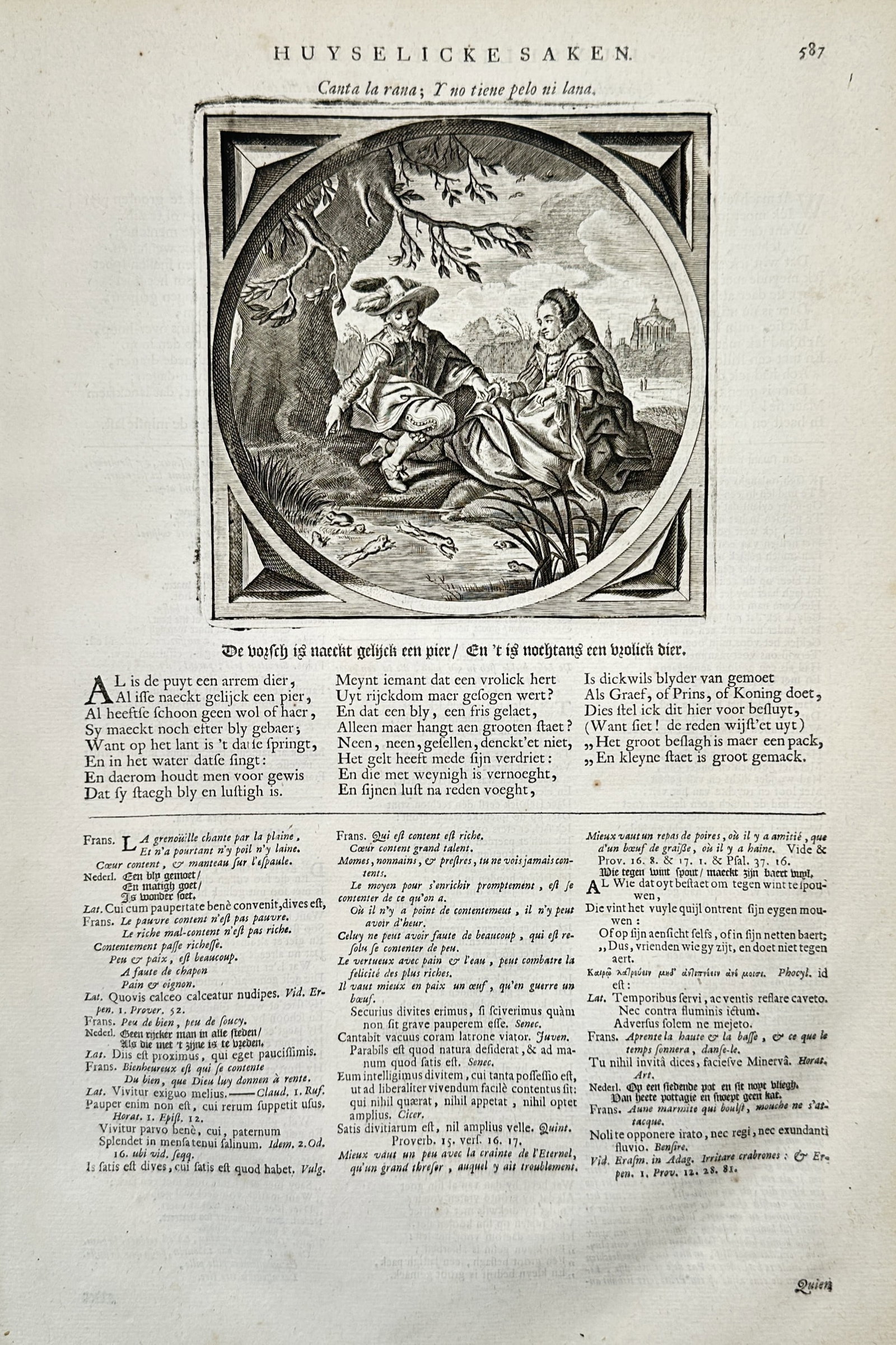 Jacob Cats (1577–1660) – Emblem of the Couple by the Stream – Copper engraving (1627): "Huyselicke Saken" depicts an allegorical emblem scene within an ornate circular border set into a square architectural frame, showing a man and a woman in traditional seventeenth-century Dutch clothi