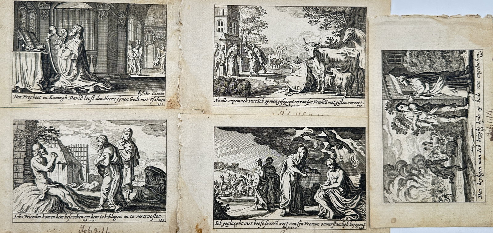 Pieter Schut (1619–1667) – Set of 5:Scriptural Histories of King David and the Prophet Job: "Toneel Ofte Vertooch Der Bybelschen Historien" represents five individual sheets showing detailed scriptural illustrations from a prominent seventeenth-century Dutch biblical series. The compilation 