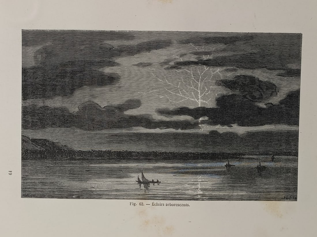 Amédée Guillemin (1826–1893) – Atmospheric Lightning over Water – Wood engraving (1877): "Eclairs Inter-Nuageux" presents a broad overview of a dramatic nighttime marine landscape under an atmospheric sky. The work portrays an expansive body of water with small boats, bounded by a low coa
