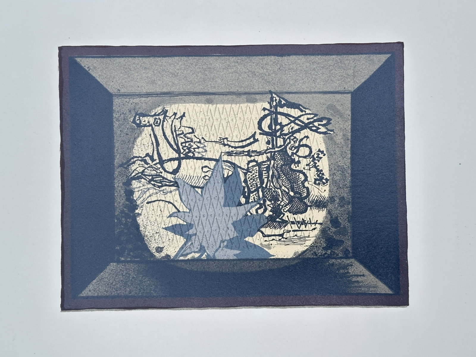 Georges Braque, after – The Star – Offset print (20th Century): "The Star" features an abstract composition showing a multi-pointed star shape superimposed over intricate linear details and textured forms enclosed within a wide rectangular frame. This modern print