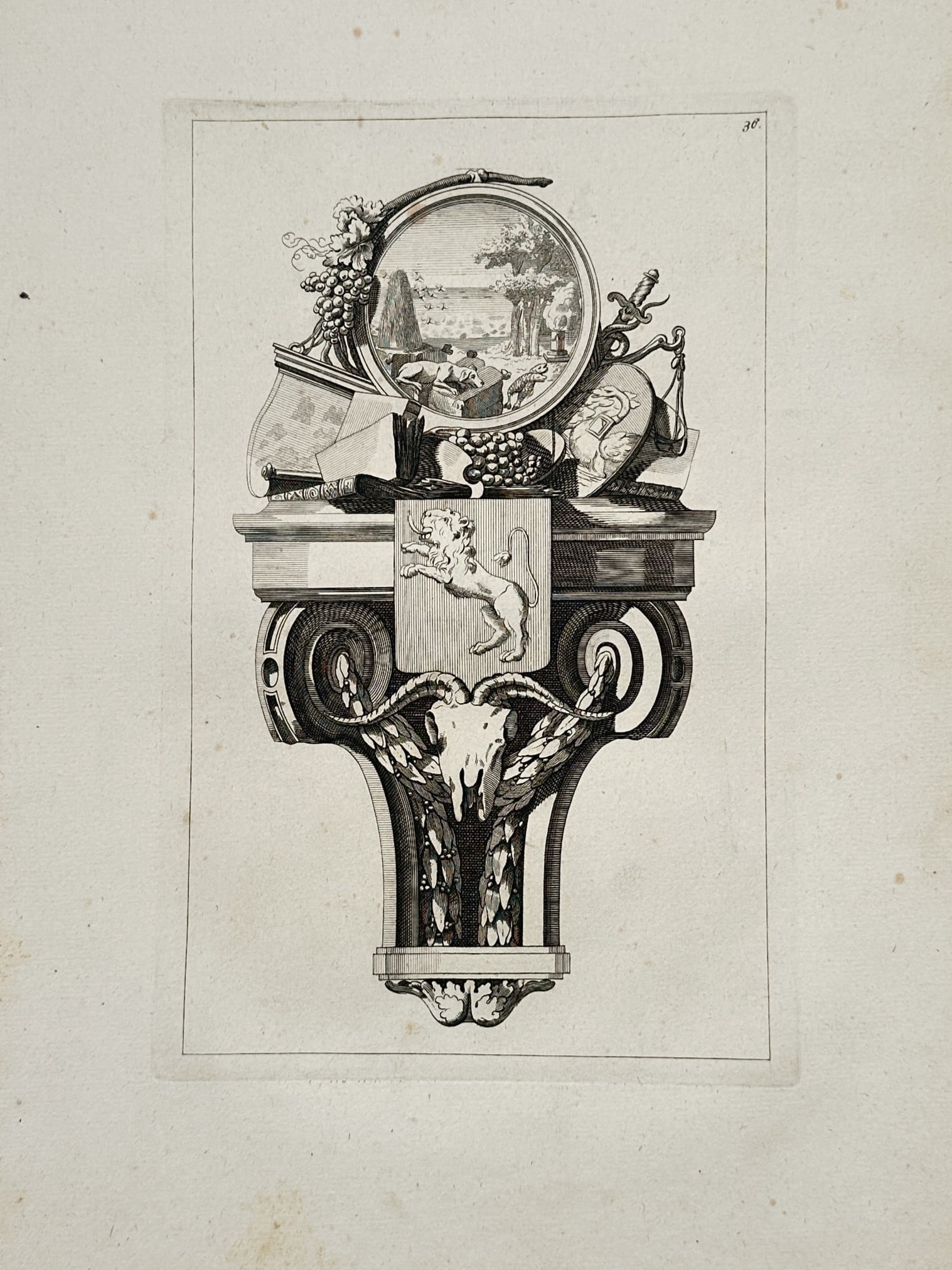 Jean-Charles Delafosse – Ornamental Console with Coat of Arms – Engraving (18th Century) (1 of 2)