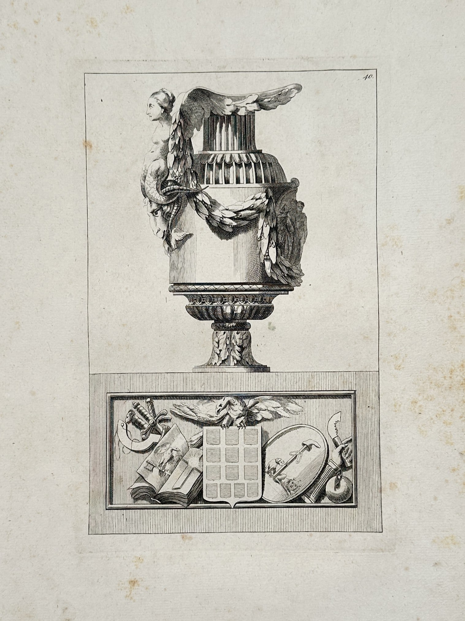 Jean-Charles Delafosse – Classical Vase on a Pedestal with Heraldic Elements – Engraving: Features a detailed architectural and decorative illustration displaying an ornate, tall classical vase or urn decorated with heavy swags, drapery resting atop a structured pedestal that encloses a ho