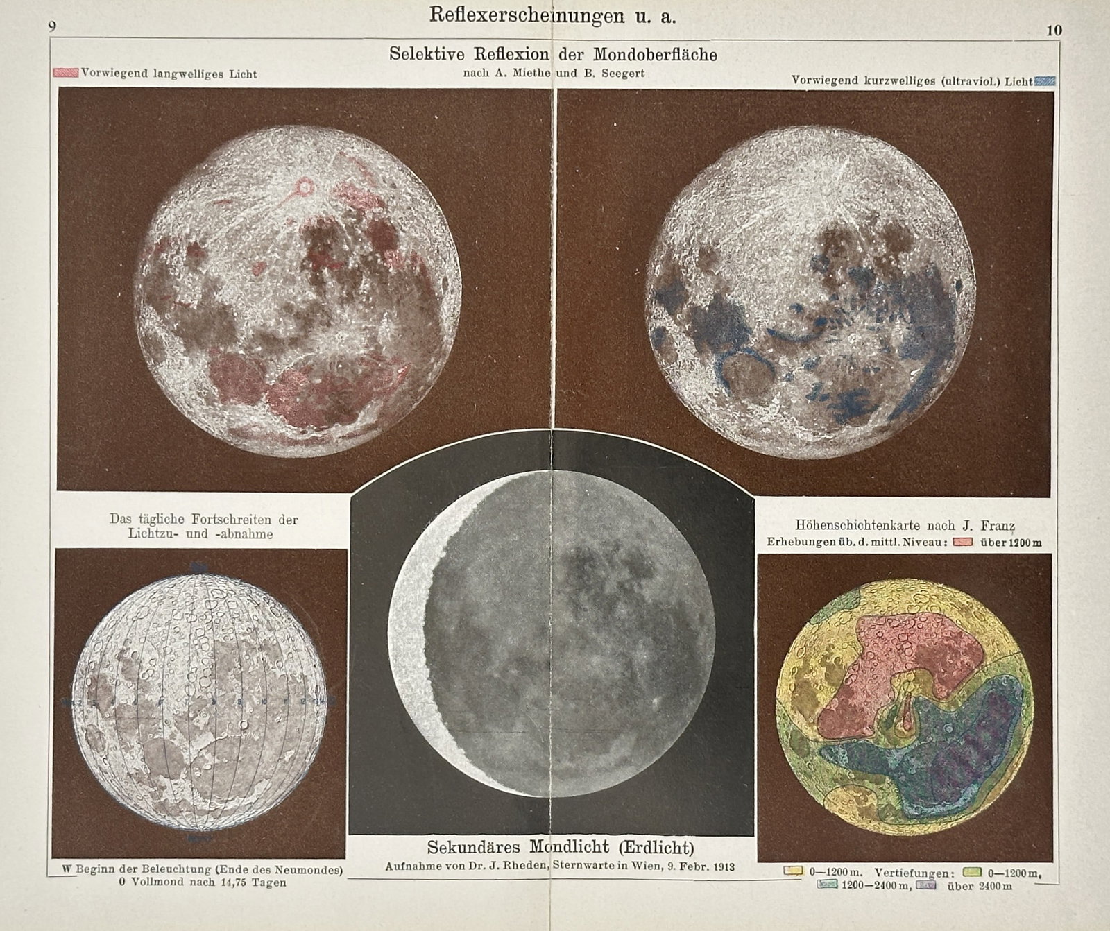 Joseph Meyer - Reflection Phenomena - Lithograph (20th Century): "Reflection Phenomena" This astronomical chart provides multiple scientific views of the moon to illustrate its surface reflection properties and topographic elevations. The work displays various colo