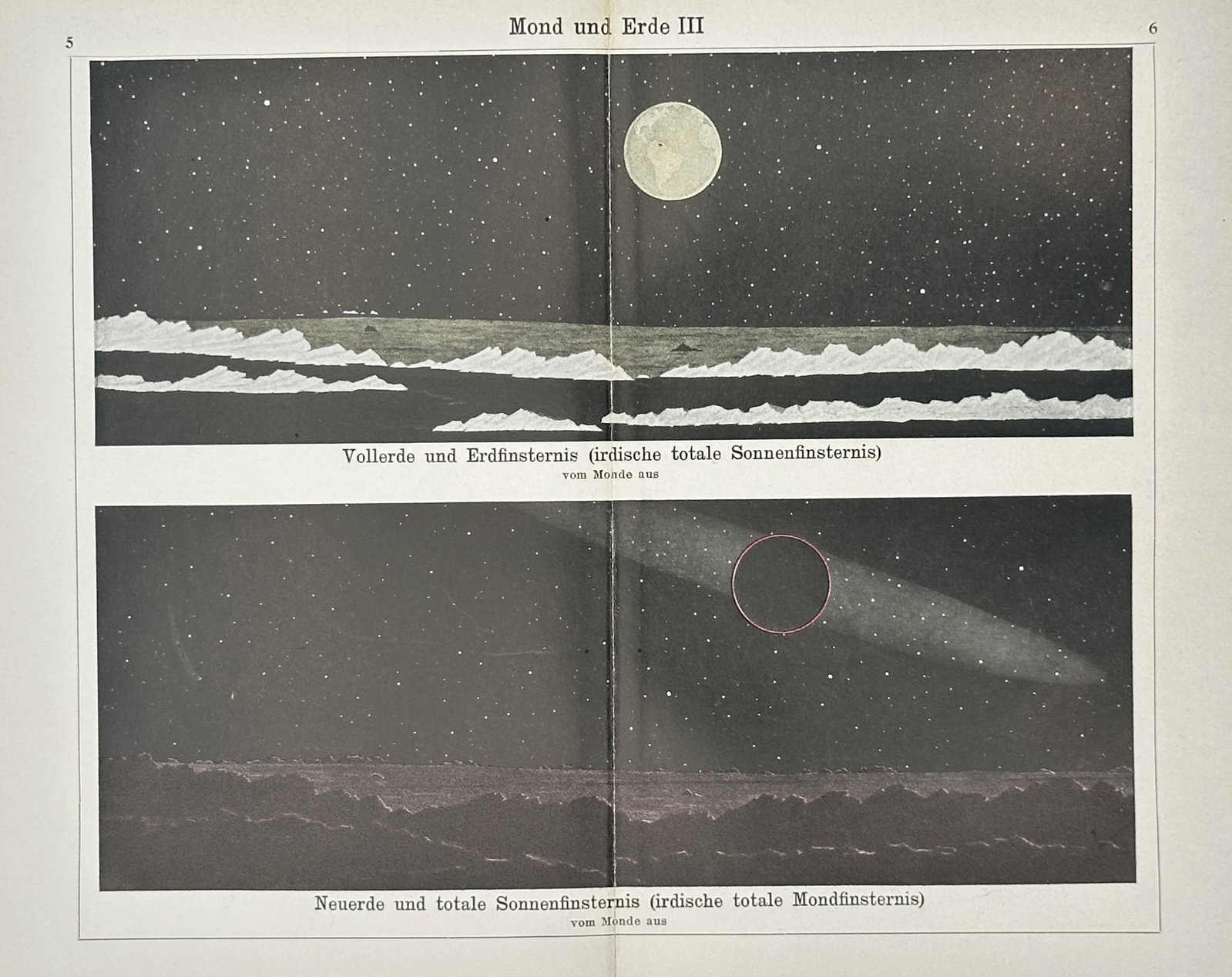 Joseph Meyer - Moon and Earth III - Lithograph (20th Century): "Moon and Earth III" This scientific print presents two illustrative panels depicting astronomical perspectives of celestial eclipses as observed from the lunar surface. The composition contrasts a br