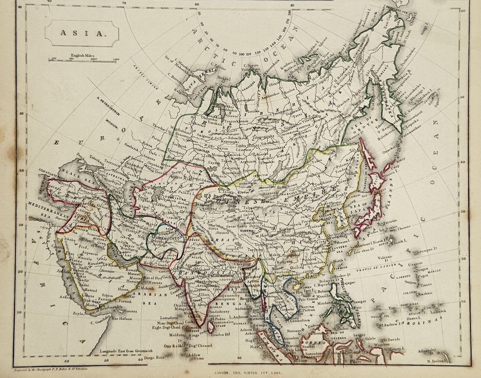 Francis Paul Becker – Map of Asia – Engraving (19th Century): "Map of Asia" This geographical work presents a comprehensive continental cartographic study charting territorial borders, major rivers, and vast coastlines across the landmass. The composition featur