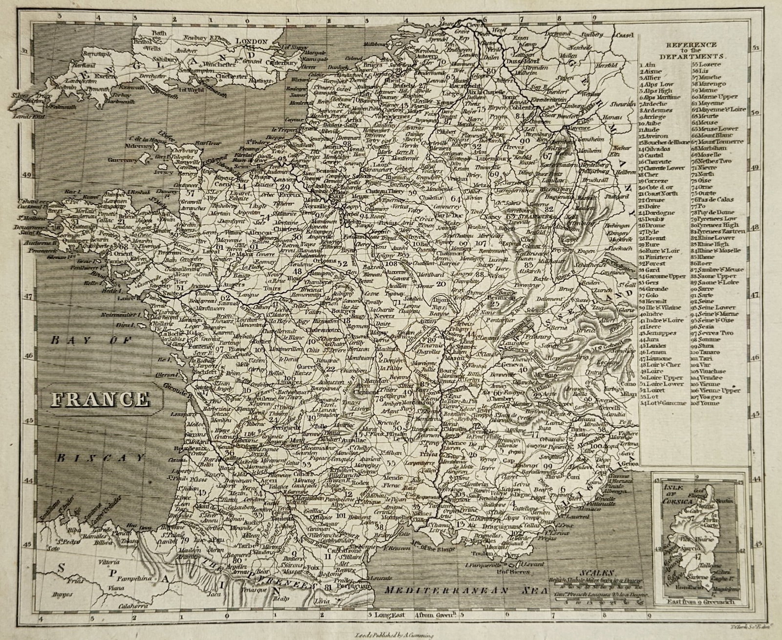 Alexander Cumming – Map of France – Europe – Engraving (19th Century): "Map of France" This geographical work presents a comprehensive regional cartographic study charting territorial departments, topographies, and extensive waterways across the mainland. The composition