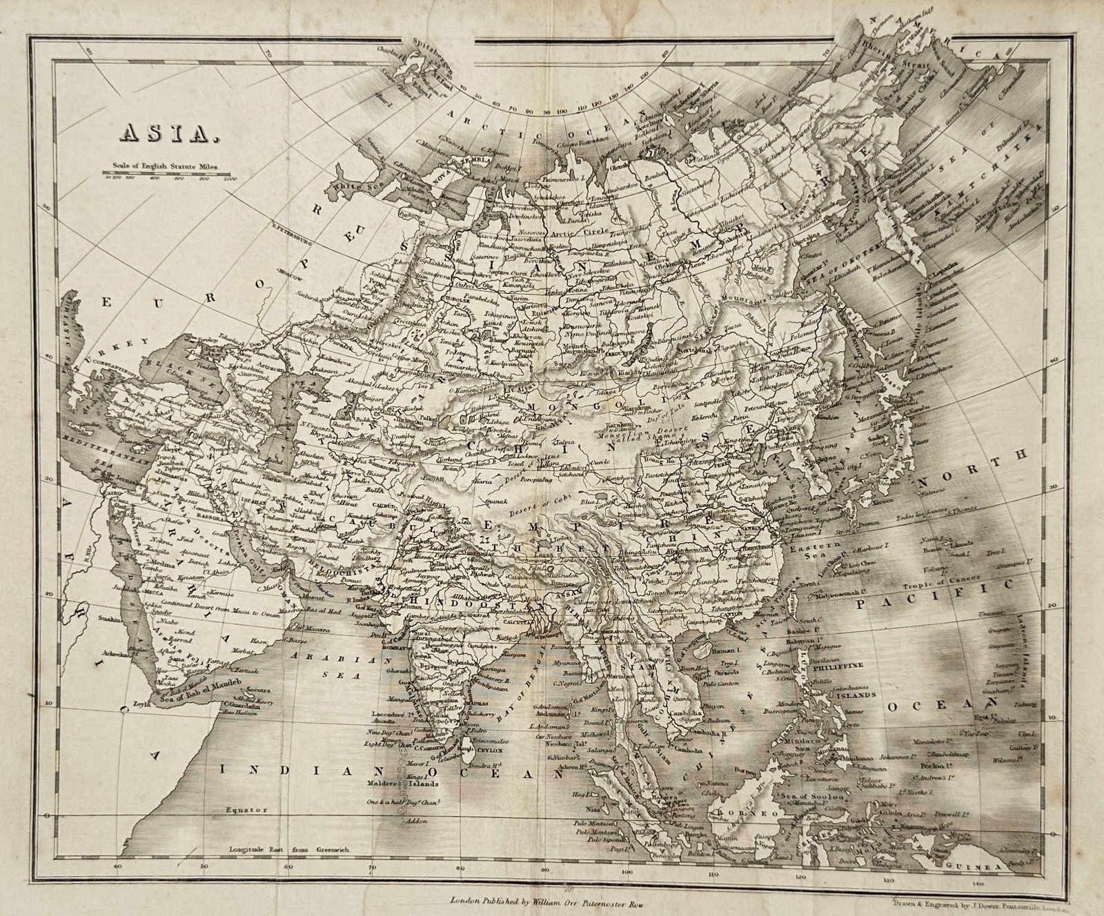 John Dower – Map of continental Asia – Engraving (19th Century): "Map of Asia" This geographical work presents a comprehensive continental cartographic study outlining regional territories, mountain ranges, and extensive coastlines across the landmass. The layout f