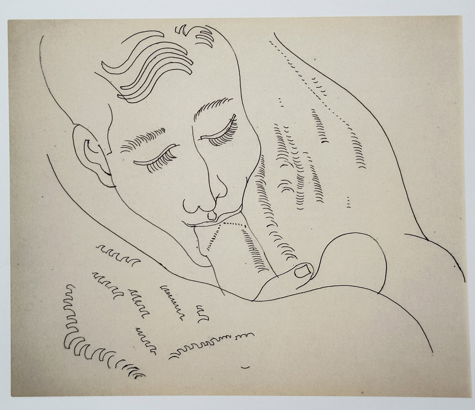 Andy Warhol, after – Invitations All Around – Offset lithographic reproduction (2006): "Invitations All Around" This work features a minimalist figurative study depicting a resting male subject rendered in fluid black outlines against a solid background. The composition illustrates a cl