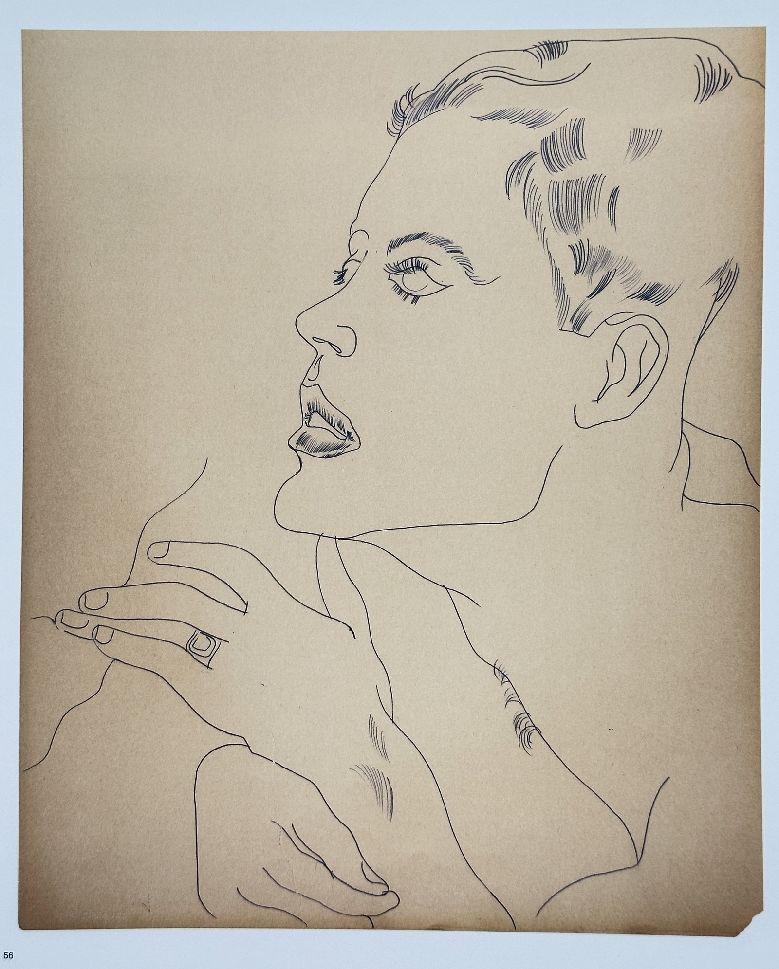 Andy Warhol, after – Male Portrait – Offset lithographic reproduction (2006): "Male Portrait" This work features a minimalist figurative study depicting a male subject in profile rendered in fluid black outlines against a solid background. The composition illustrates a clean gr
