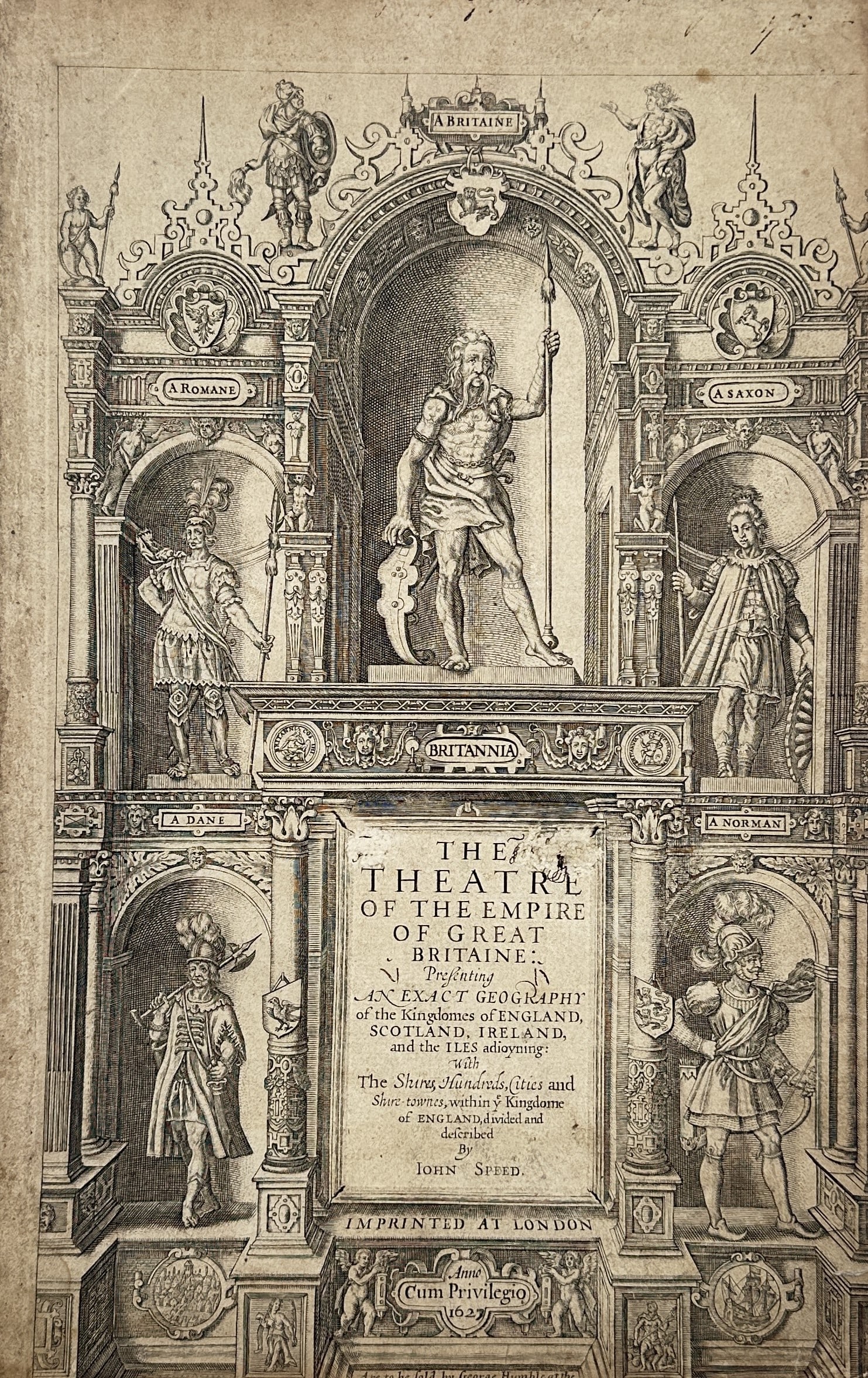John Speed – The Theatre of the Empire of Great Britaine – Engraving (1627): "The Theatre of the Empire of Great Britaine" This engraved title page features an elaborate architectural frontispiece populated by historical figures representing the early inhabitants of Britain wi