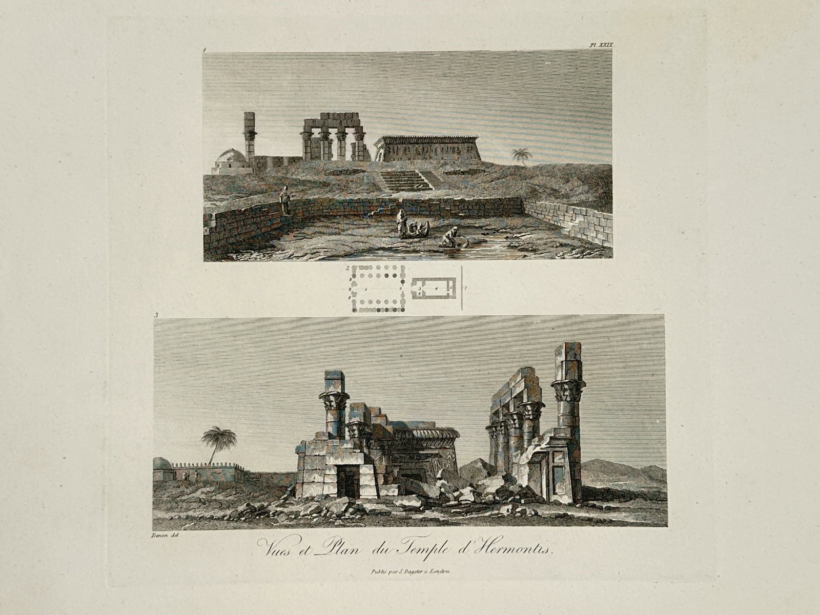 Dominique Vivant Denon – View and Plan of the Temple of Hermonthis – Engraving: "View and Plan of the Temple of Hermonthis" This archaeological study portrays topographical views and structural ground plans of ancient Egyptian ruins under an open sky. The composition illustrates 