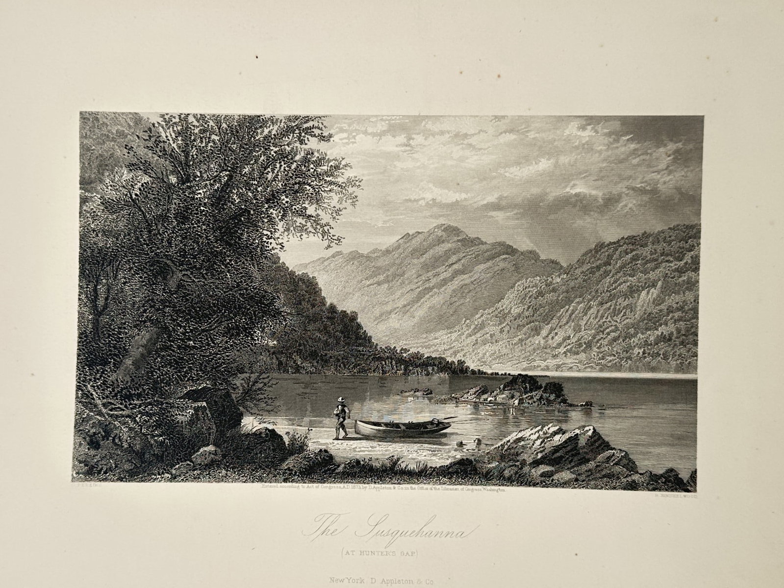 Robert Hinshelwood – The Susquehanna at Hunters Gap – Engraving (19th Century): "The Susquehanna at Hunters Gap" This landscape scene portrays a wide river winding through a valley flanked by dense forests and rolling mountain ridges. The composition captures a small boat near th