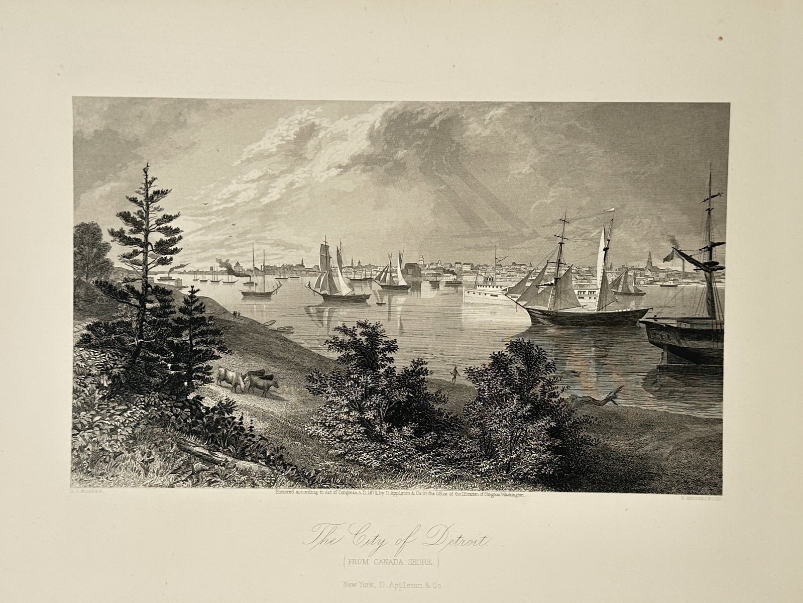 Robert Hinshelwood – The City of Detroit – Engraving (19th Century): "The City of Detroit" This panoramic maritime scene portrays numerous sailing vessels and steamships navigating a wide river with a distant city skyline along the opposite shore. The composition featu