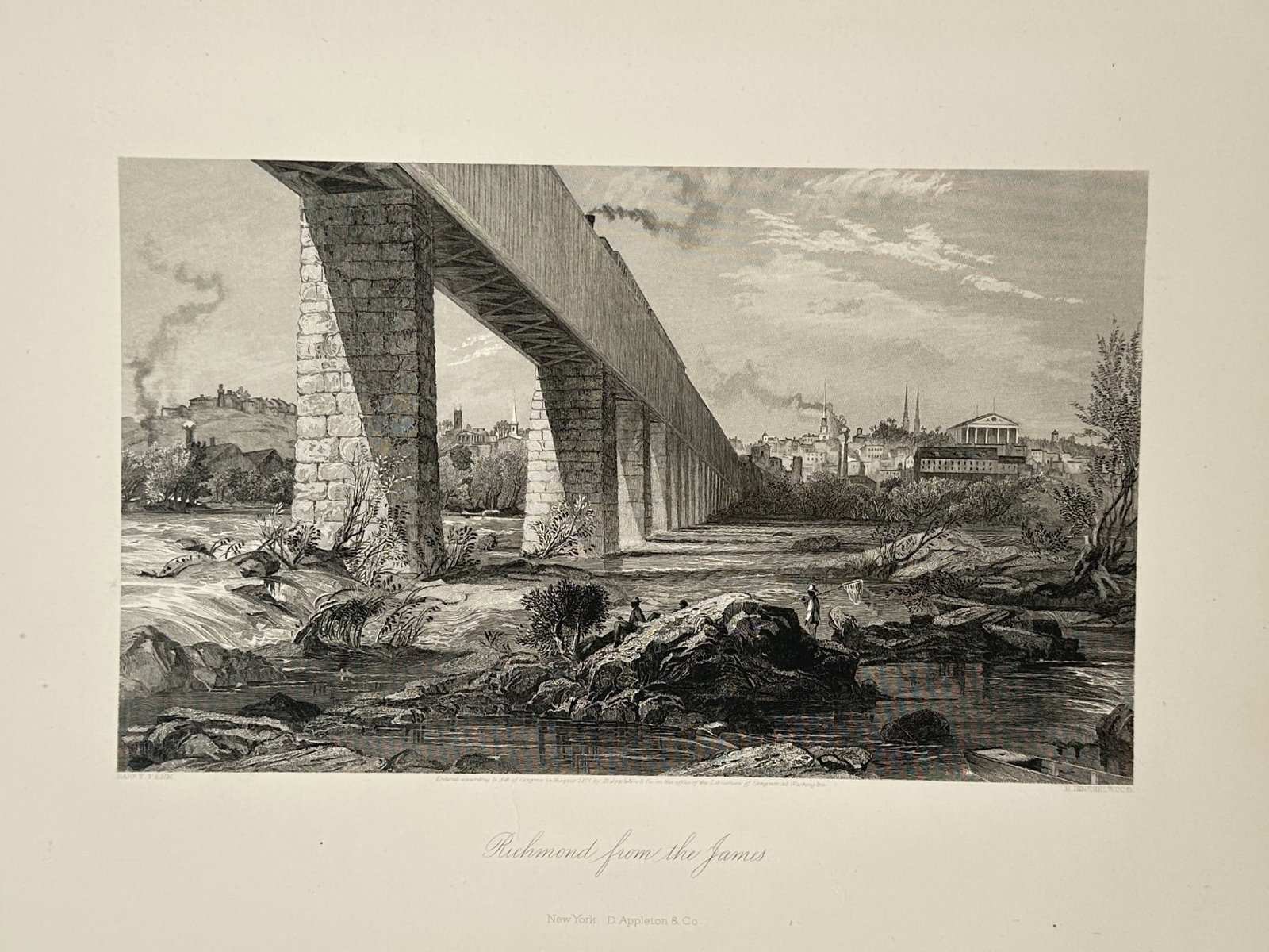 Robert Hinshelwood – Richmond from the James – Engraving (19th Century): "Richmond from the James" This landscape scene portrays a massive stone bridge crossing over a rocky, flowing river toward a distant city skyline. The composition captures the grand perspective of the