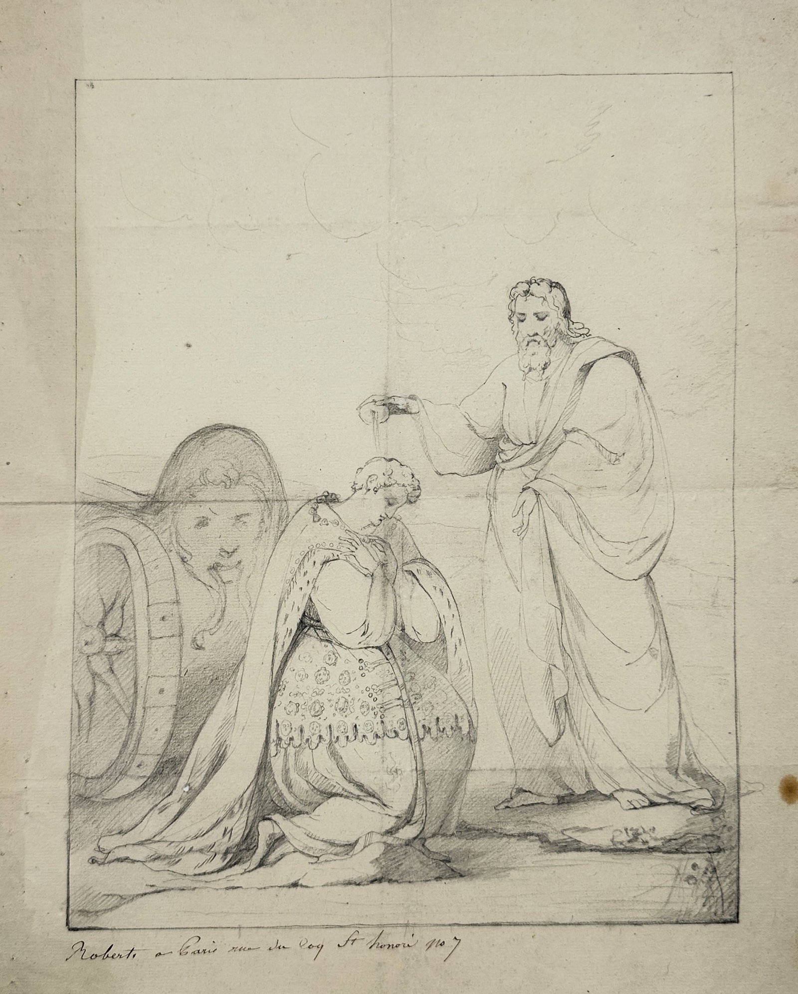Nicola Billy – Heracles with His Son, Infant Telephus – Etching (18th Century): "Heracles with His Son, Infant Telephus" This classical scene features figures in draped antiquarian attire interacting near a monumental wheel structure bearing a carved mask detail. The composition 