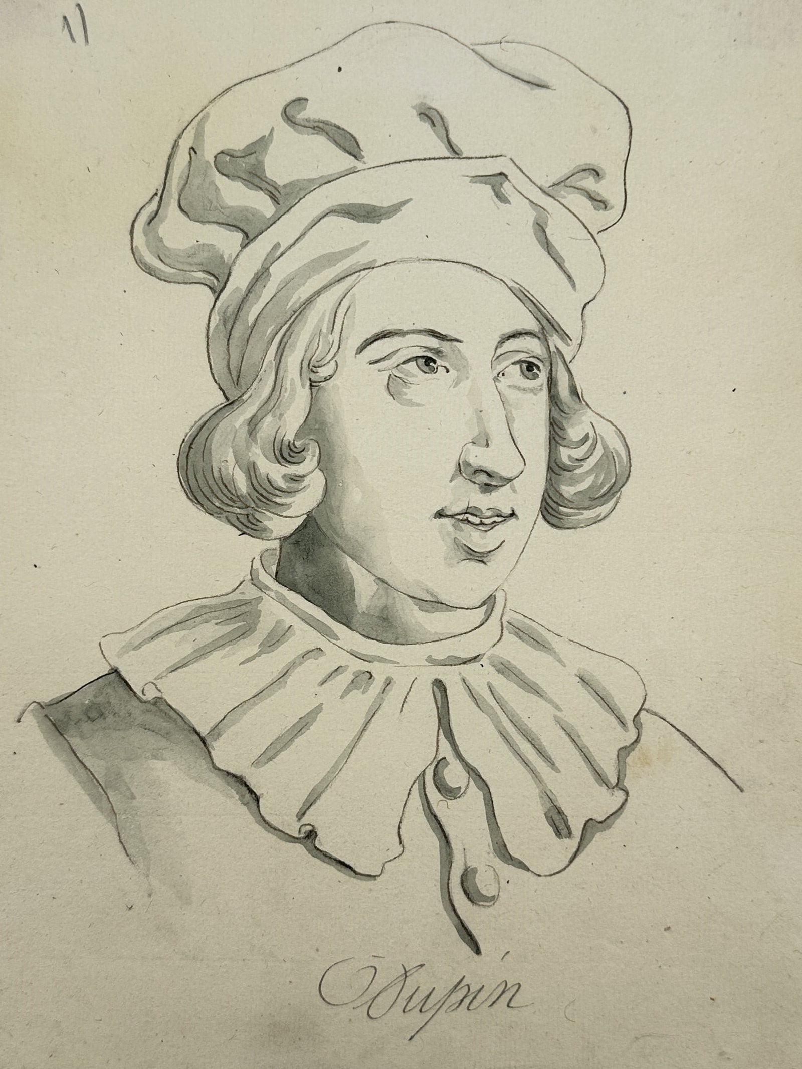 Charles-Martial Potémont – Portrait of Dupin – Etching (19th Century): "Portrait of Dupin" This portrait study portrays the head and shoulders of a young man looking slightly to the right, wearing a soft, draped cap and a ruffled collar. The composition focuses on the ex