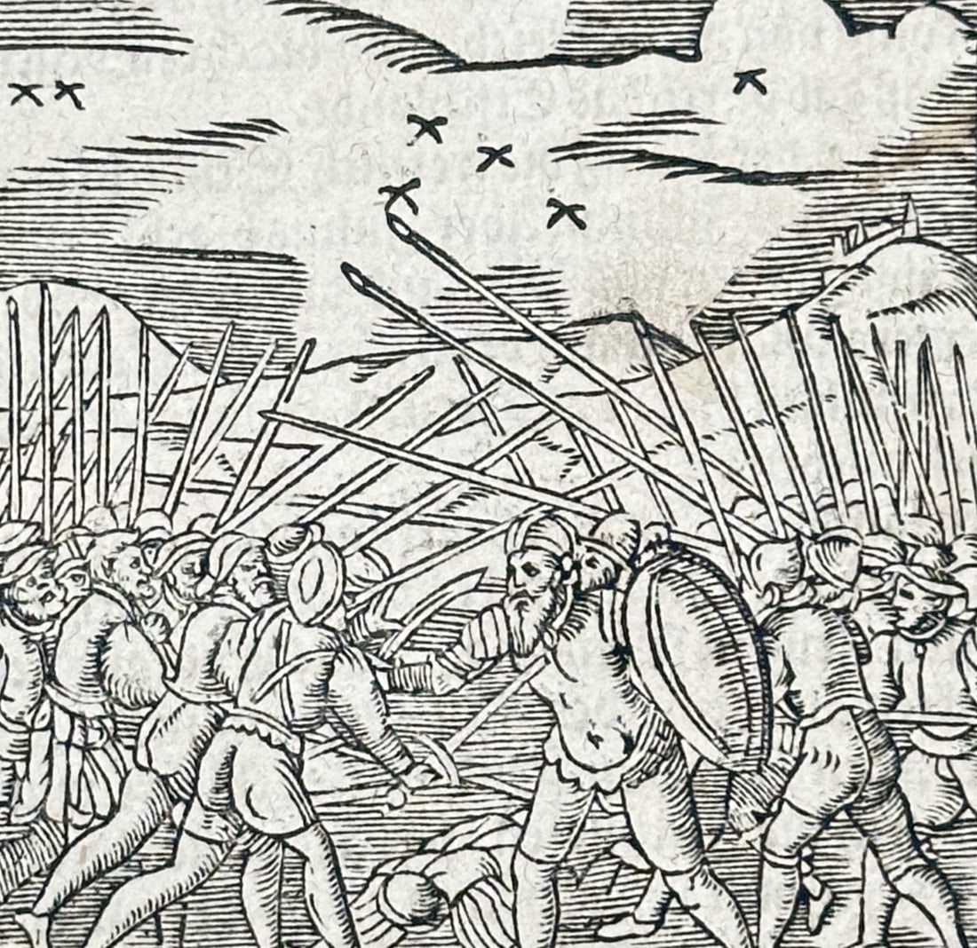 Sebastian Munster – Historical Battle Scene – Woodcut: The Third Book This historical text page illustrates a dramatic battlefield scene showing armed soldiers clashing in combat beneath an open sky. The composition integrates a dense column of black-lett