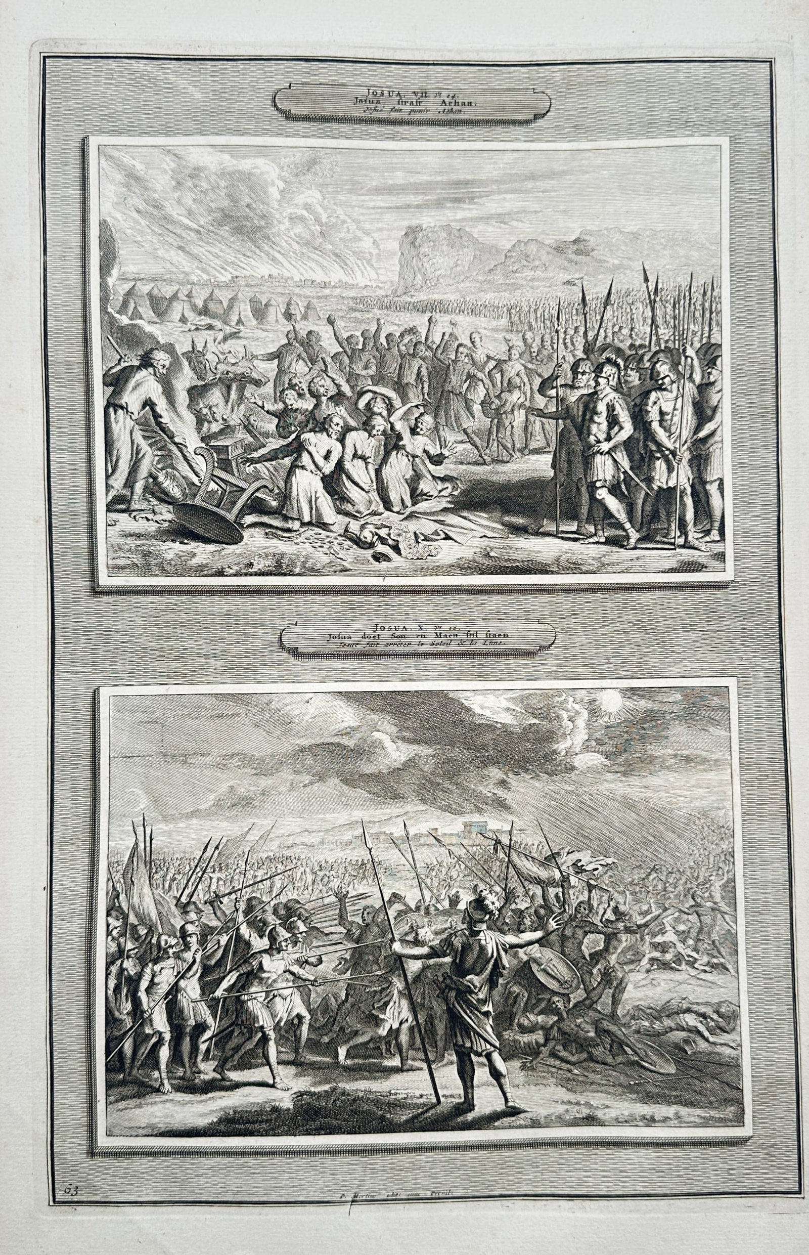 Pieter Mortier – Biblical Scenes from the Book of Joshua – Engraving (18th Century): The Death of Achan and the Battle of Ai This biblical plate illustrates two narratives from the Old Testament book of Joshua detailing the execution of Achan and the ambush of the city of Ai. The comp