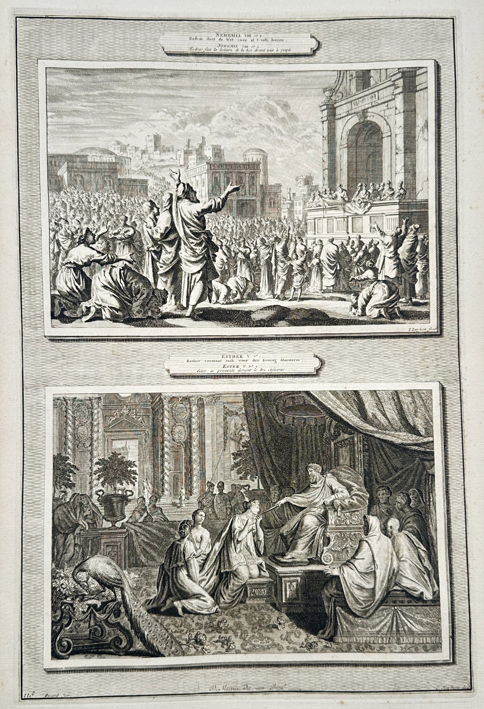 Pieter Mortier – Old Testament Scenes from Nehemiah and Esther – Engraving (18th Century): Ezra Reading the Law and Esther Before Ahasuerus This biblical plate illustrates two prominent narratives from the Old Testament detailing Ezra reading the book of the law to the gathered public and Q
