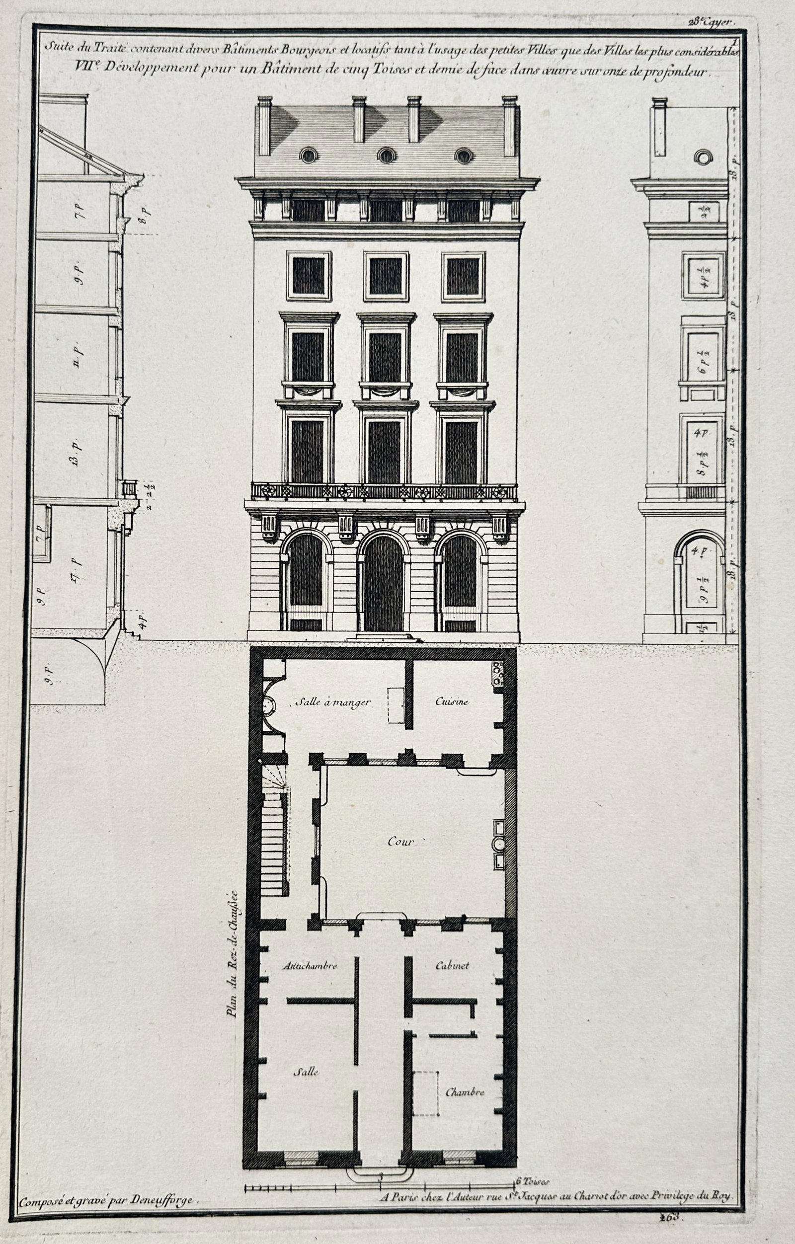 Jean-François de Neufforge – Architectural Study of a Facade Elevation and Plan – Engraving (1 of 2)