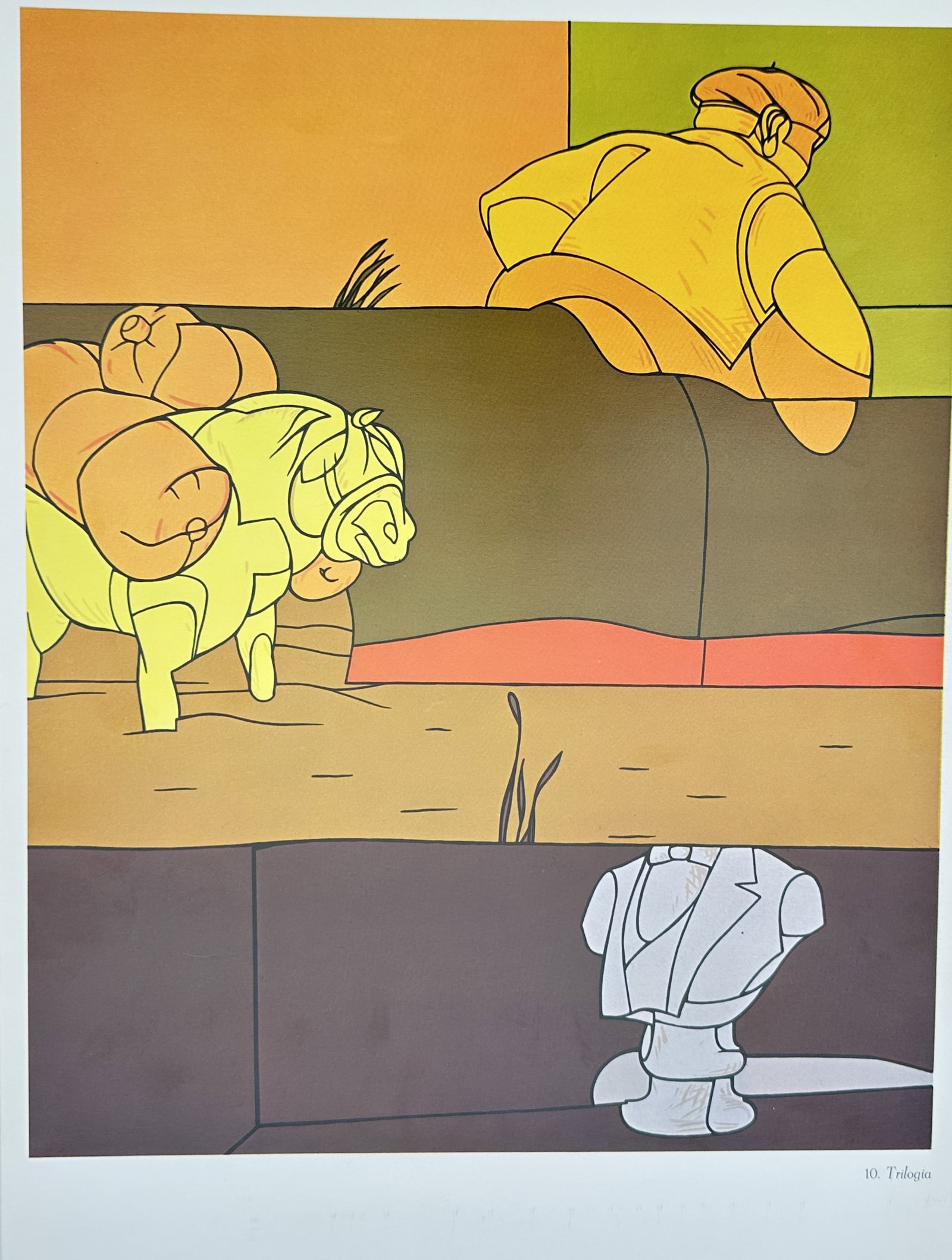 Valerio Adami, after – Trilogy – Offset print (20th Century): Trilogy The artwork displays a stylized figurative narrative containing a driver peering over a barrier alongside a pack animal carrying bundles and a separate classical-style clothing bust situated i