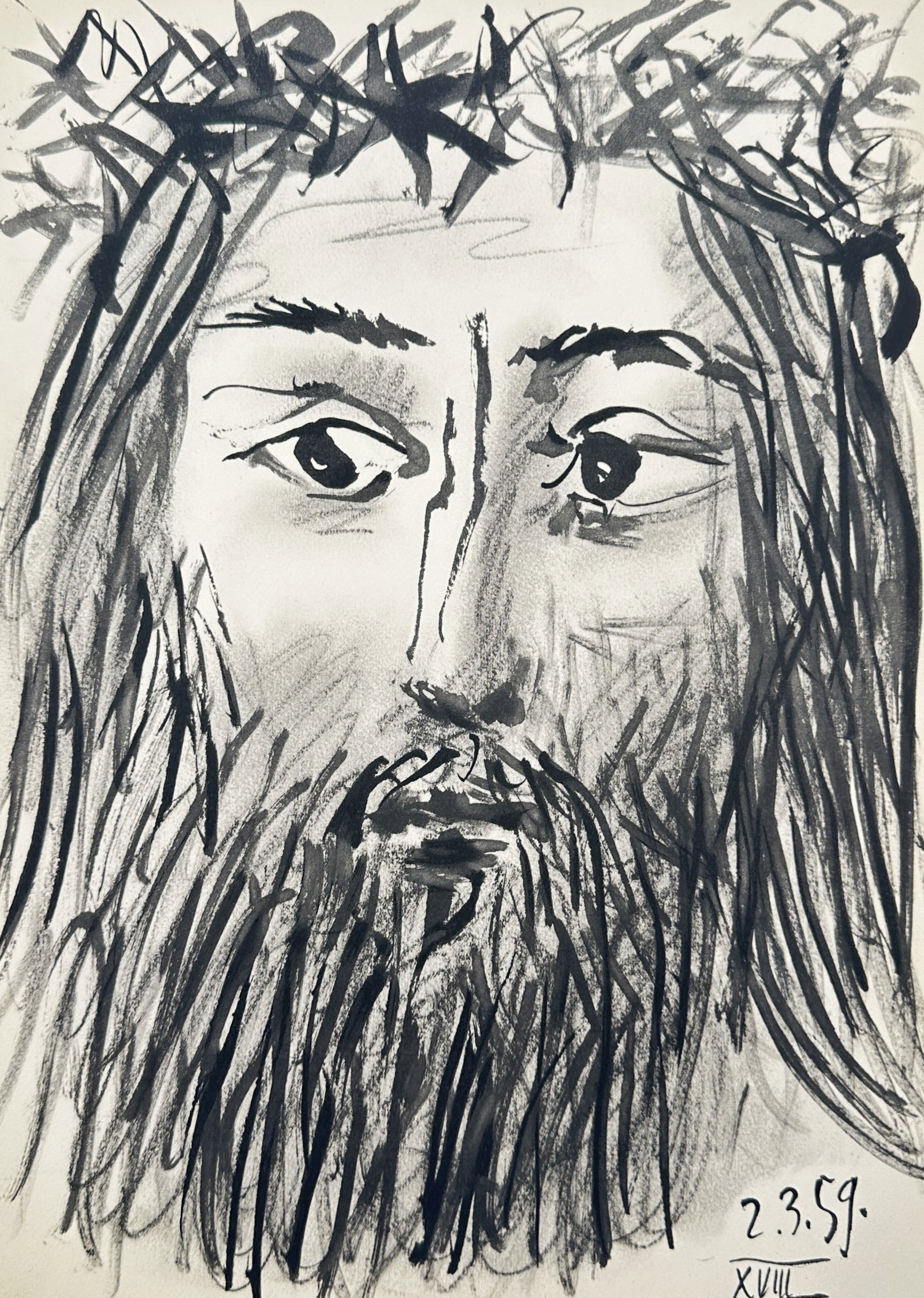 Pablo Picasso, after – Bust of Christ with Crown of Thorns – Offset print (20th Century): Bust of Christ with Crown of Thorns The artwork displays an expressive facial portrait showing a bearded man wearing a pointed crown of thorns depicted through heavy sketch strokes over a plain paper 