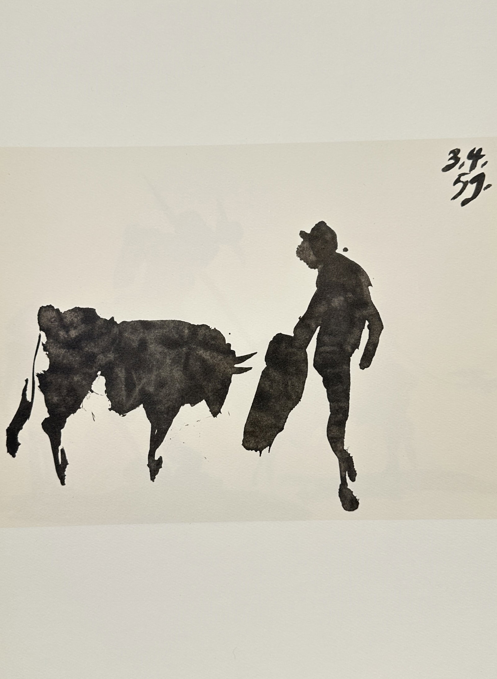 Pablo Picasso, after – Matador and Bull – Offset print (20th Century): "Matador and Bull" The artwork displays a confrontation within a traditional Spanish bullfight featuring a single matador holding a cape before a bull. The composition focuses on the dramatic tension 