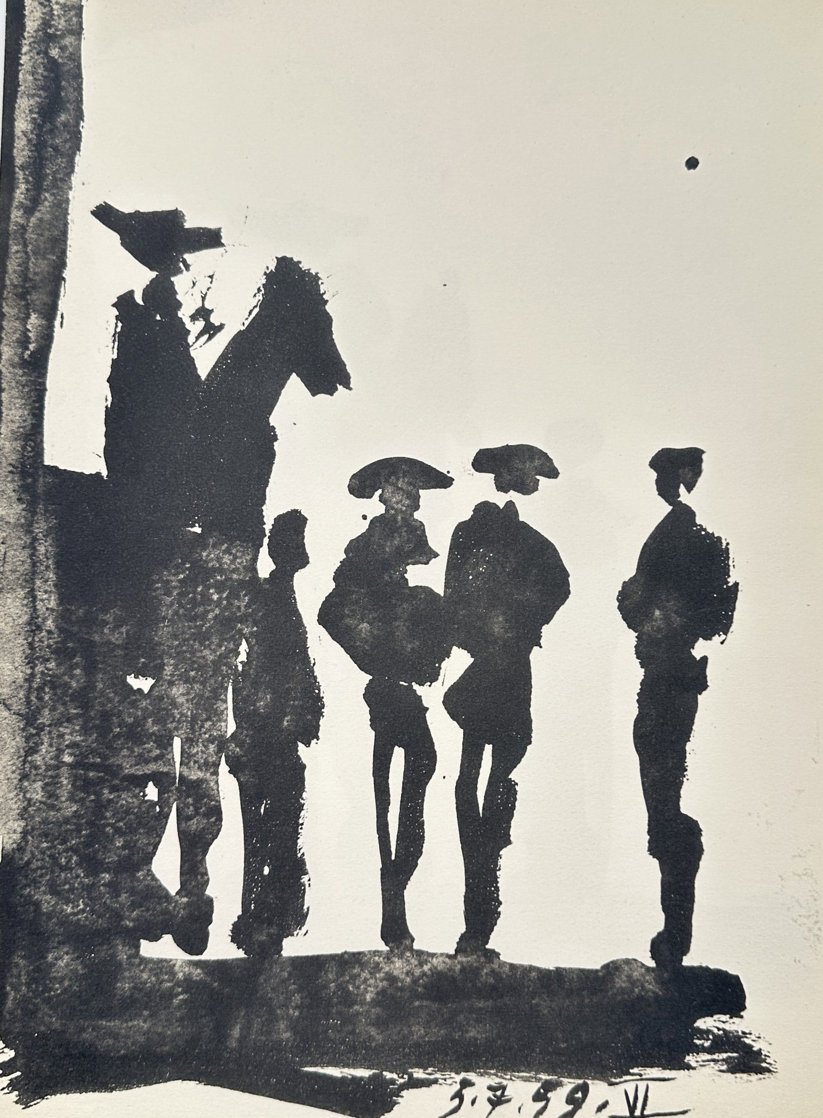 Pablo Picasso, after – Bullfighters – Offset print (20th Century): "Bullfighters" The artwork displays a gathering of bullfighting figures including a picador mounted on a horse alongside several toreros standing on a plain background. The composition focuses on a st