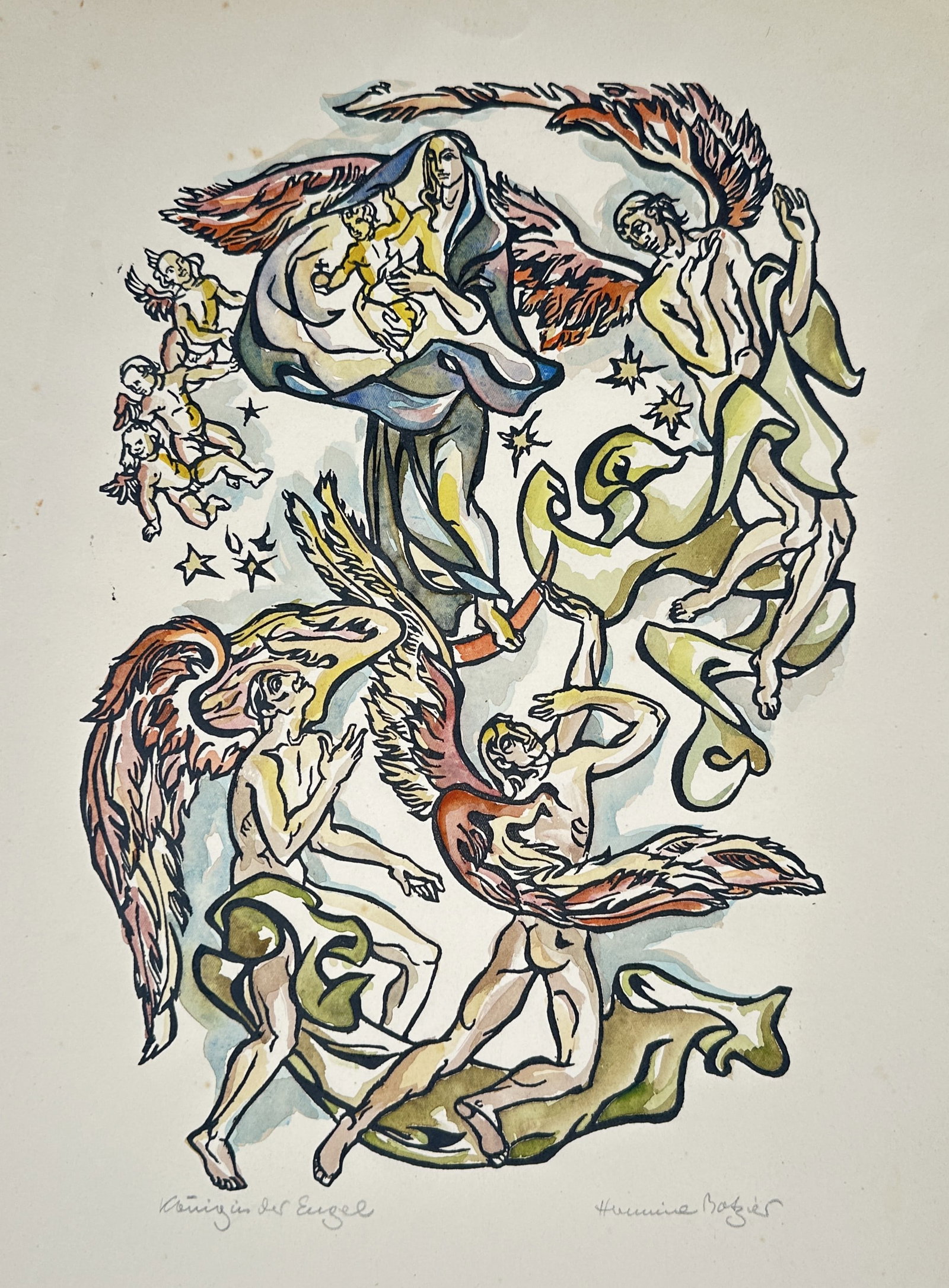 Hermine David – Queen of the Angels – Lithograph (20th Century): "Queen of the Angels" The artwork displays a religious vision containing the Virgin Mary cradling the Christ Child surrounded by winged angels and cherubs against a plain backdrop. The composition foc