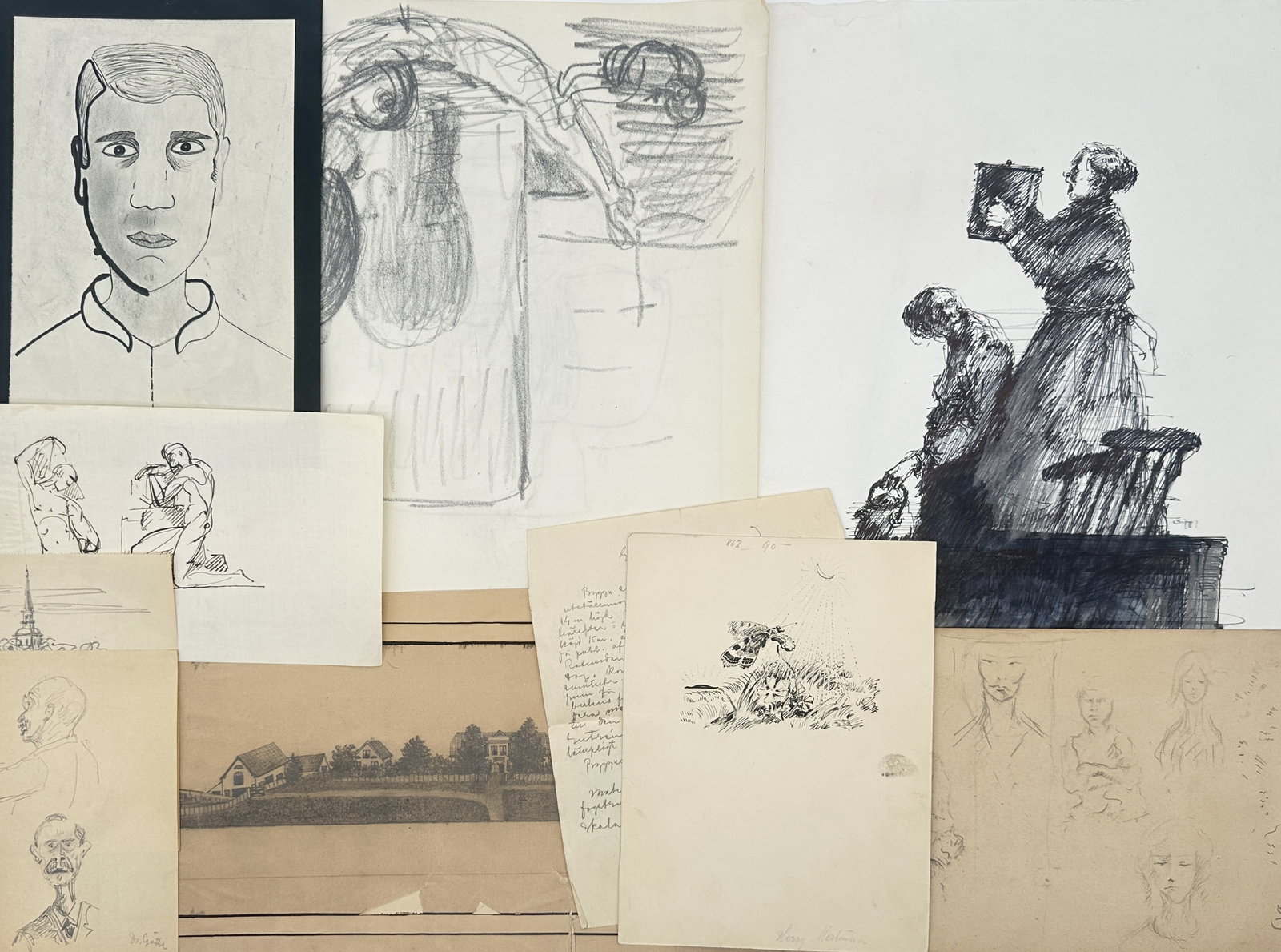 Unknown Artist – Set of 10: Figurative and Landscape Studies – Drawings (1 of 2)