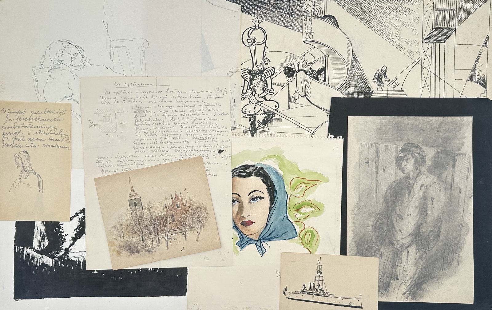 Unknown Artist – Set of 10: Mixed Artwork Graphic Studies – Drawings and Prints (20th Century) (1 of 2)