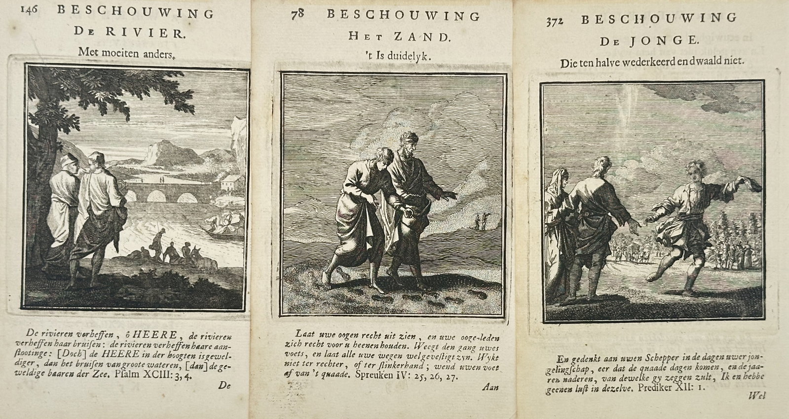 Jan Luiken – Set of 3: Moral and Biblical Allegorical Scenes – Engravings (17th Century): "Set of 3: Moral and Biblical Allegorical Scenes" The artwork displays a collection of three separate sheets containing detailed emblems that depict figures interacting within river landscapes, coasta