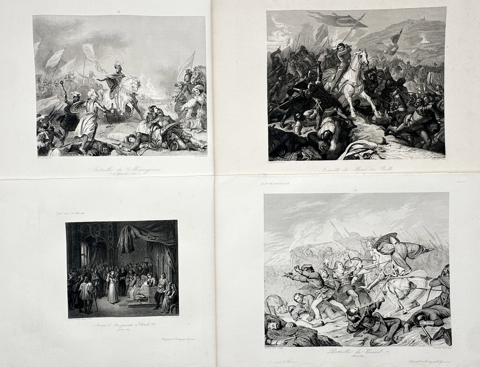 Charles Gavard – Set of 4: Battle of Marignan, Battle of Mons-en-Puelle, Battle of Cassel: Set of 4: Battle of Marignan, Battle of Mons-en-Puelle, Battle of Cassel, and Joan of Arc Presented to Charles VII The artwork displays a collection of four separate sheets containing detailed histori
