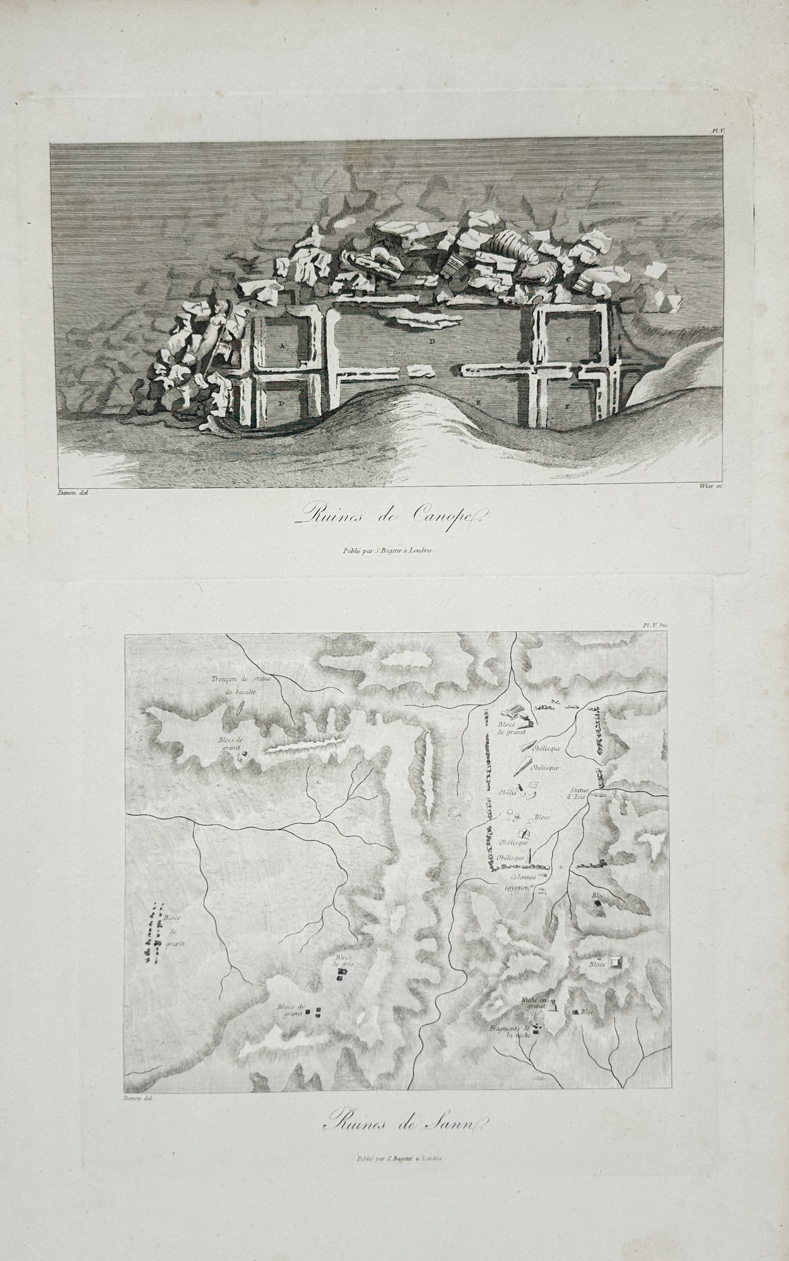 Dominique Vivant Denon – Ruins of Canopus and Ruins of Sann – Engraving (19th Century): "Ruins of Canopus and Ruins of Sann" The artwork displays a single monochrome sheet containing an archaeological print that depicts a view of collapsed stone foundations half-buried in sand alongside 