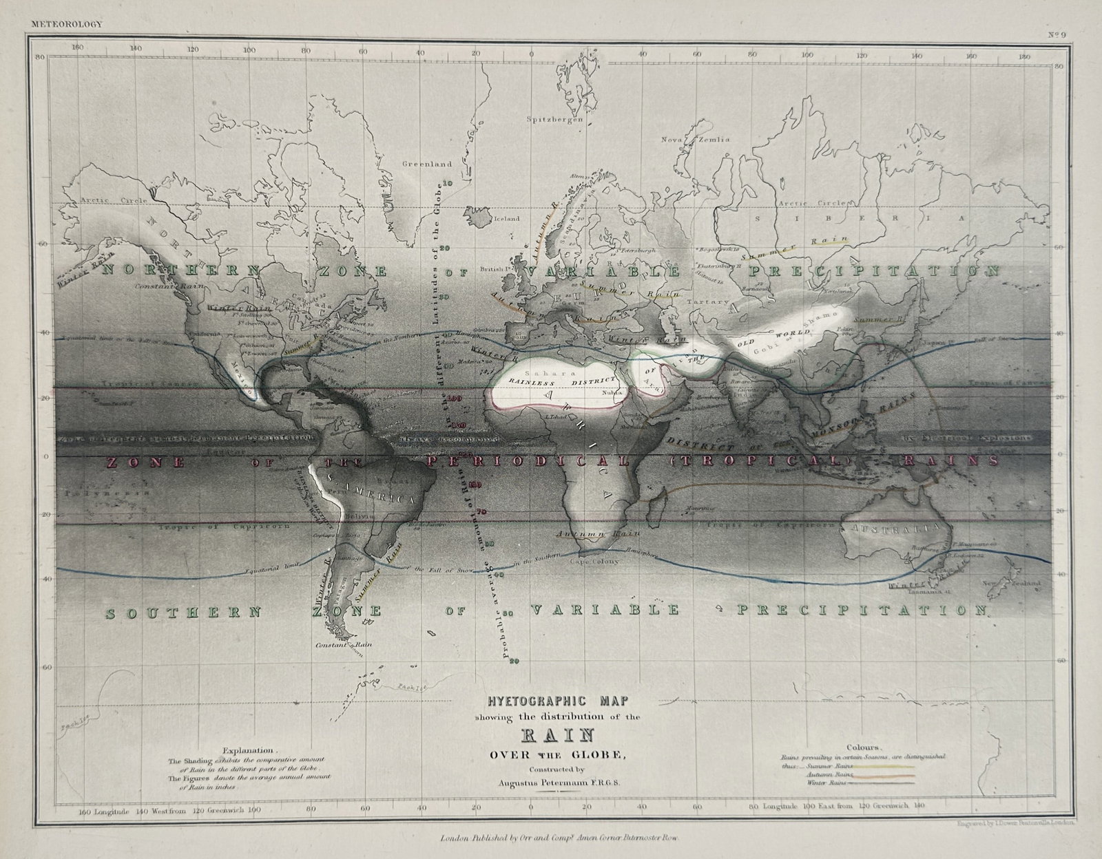 John Dower – Map Showing the Distribution of Rain Over the Globe – World – Engraving (1 of 2)