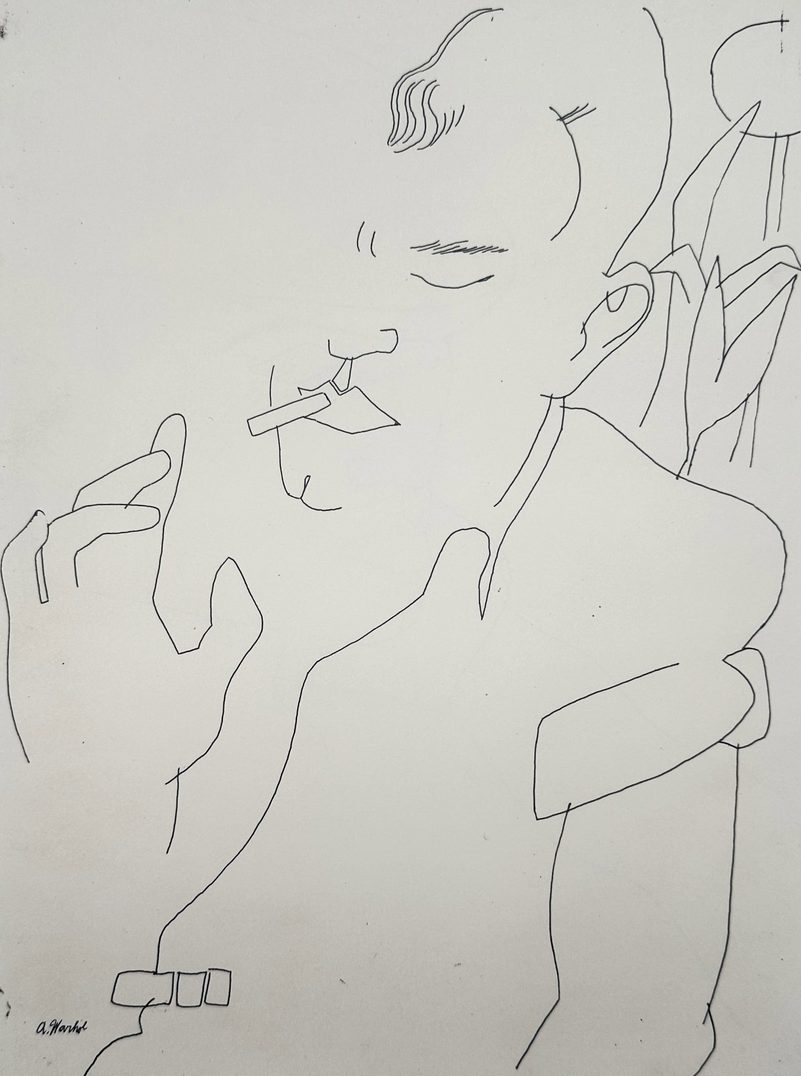 Andy Warhol, after – Man Smoking – Offset lithographic reproduction (2006): "Untitled" The work features a minimalist line drawing capturing a male figure holding a cigarette in his mouth with one hand raised and simple linear foliage elements in the background. This print is