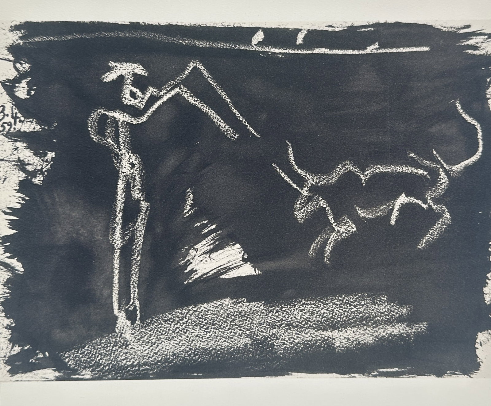 Pablo Picasso, after – Bullfight – Offset print (20th Century): "Bullfight" The expressive work features a stylized line drawing of a matador confronting a charging bull against a dark brushstroke background. This offset print represents a twentieth-century dynami