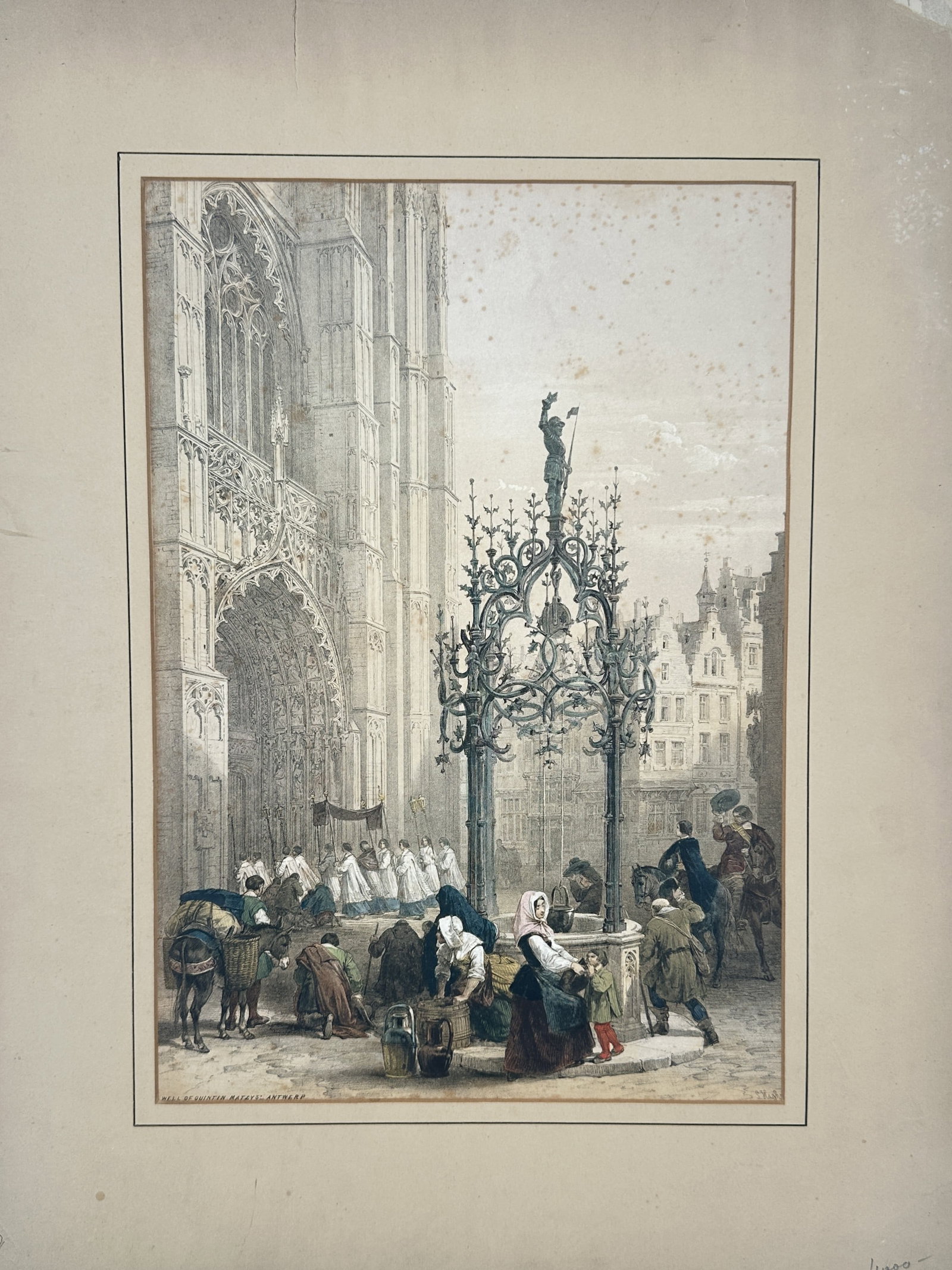 Louis Haghe – Well of Quinten Massys Antwerp – Lithograph (19th Century): "Well of Quinten Massys Antwerp" The architectural work features a bustling city square showcasing a historic wrought-iron well canopy next to a Gothic cathedral portal as figures gather in the foregr