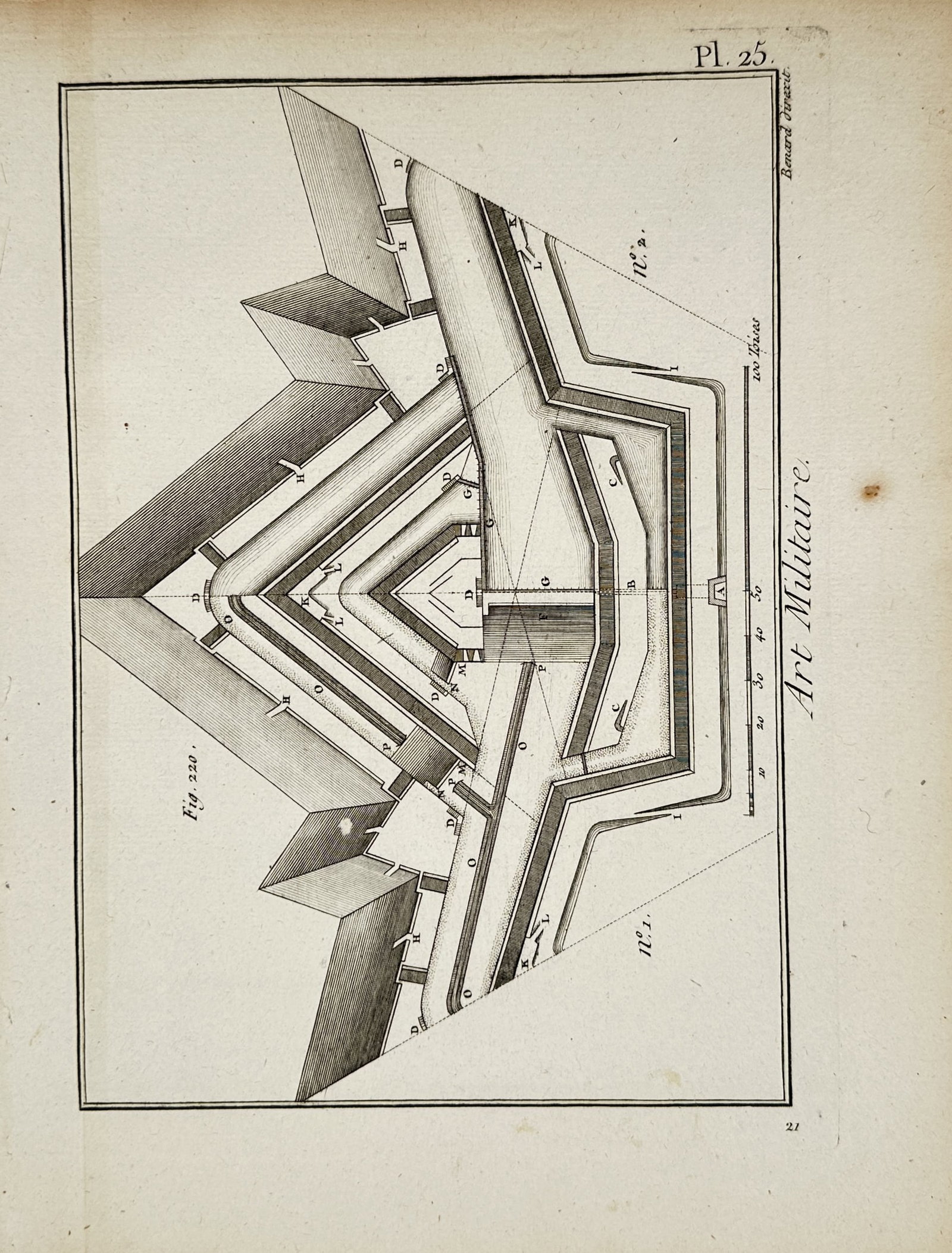 Robert Bénard – Military Art: Fortification Design – Engraving (18th Century): "Art Militaire" features a technical architectural plate showing a geometric design layout for a defensive fortification system. This print documents the complex mathematical engineering, bastion plac